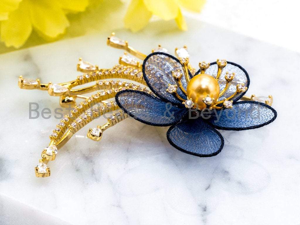 CZ Micro Pave Blue Silk Flower Brooch, p39