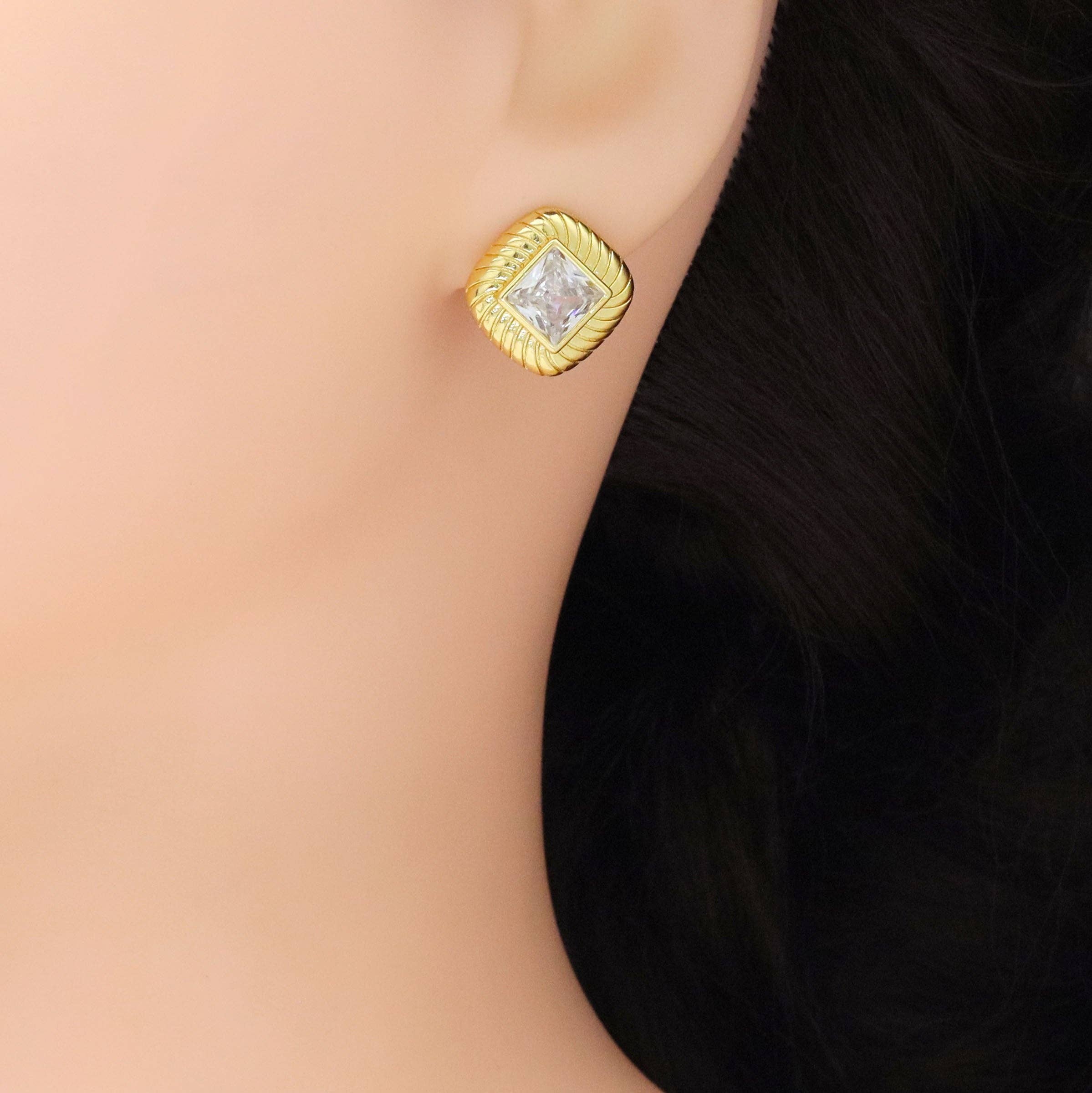Gold Rhombus Diamond Clear CZ Stud Earrings, Sku#Y934