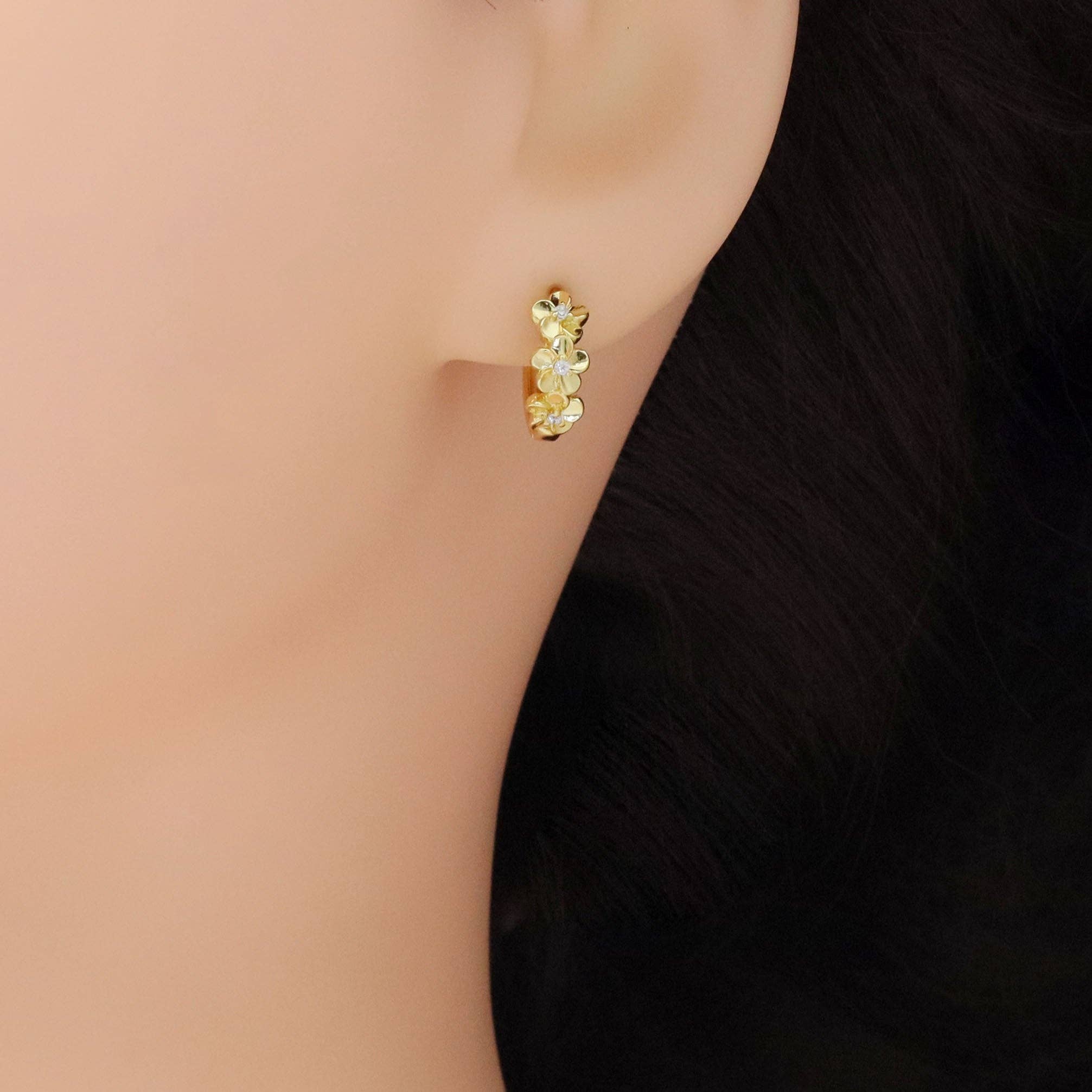 CZ Gold Dainty Flower Huggie Earrings, Sku#ZX178