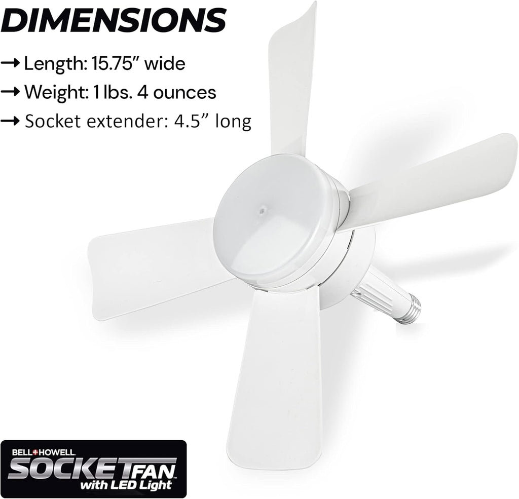 Bell+Howell Socket Breeze Modern Ceiling Fans with LED Lights, 10" LED E26/E27 Screw Base Mini Light Socket Fan with Cord for Bedroom, Living Room, Kitchen, Balcony