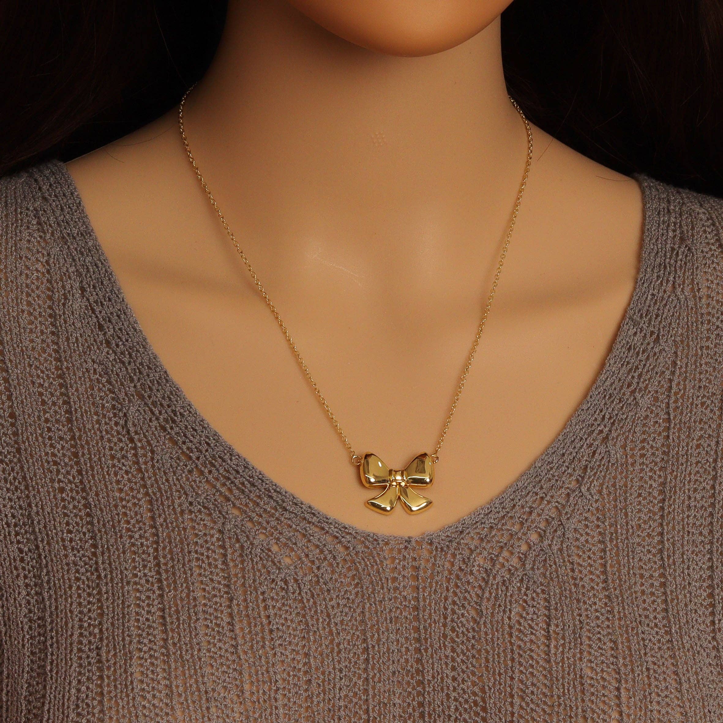 Gold Link Chain Bow Pendant  Necklace, sku#EF714