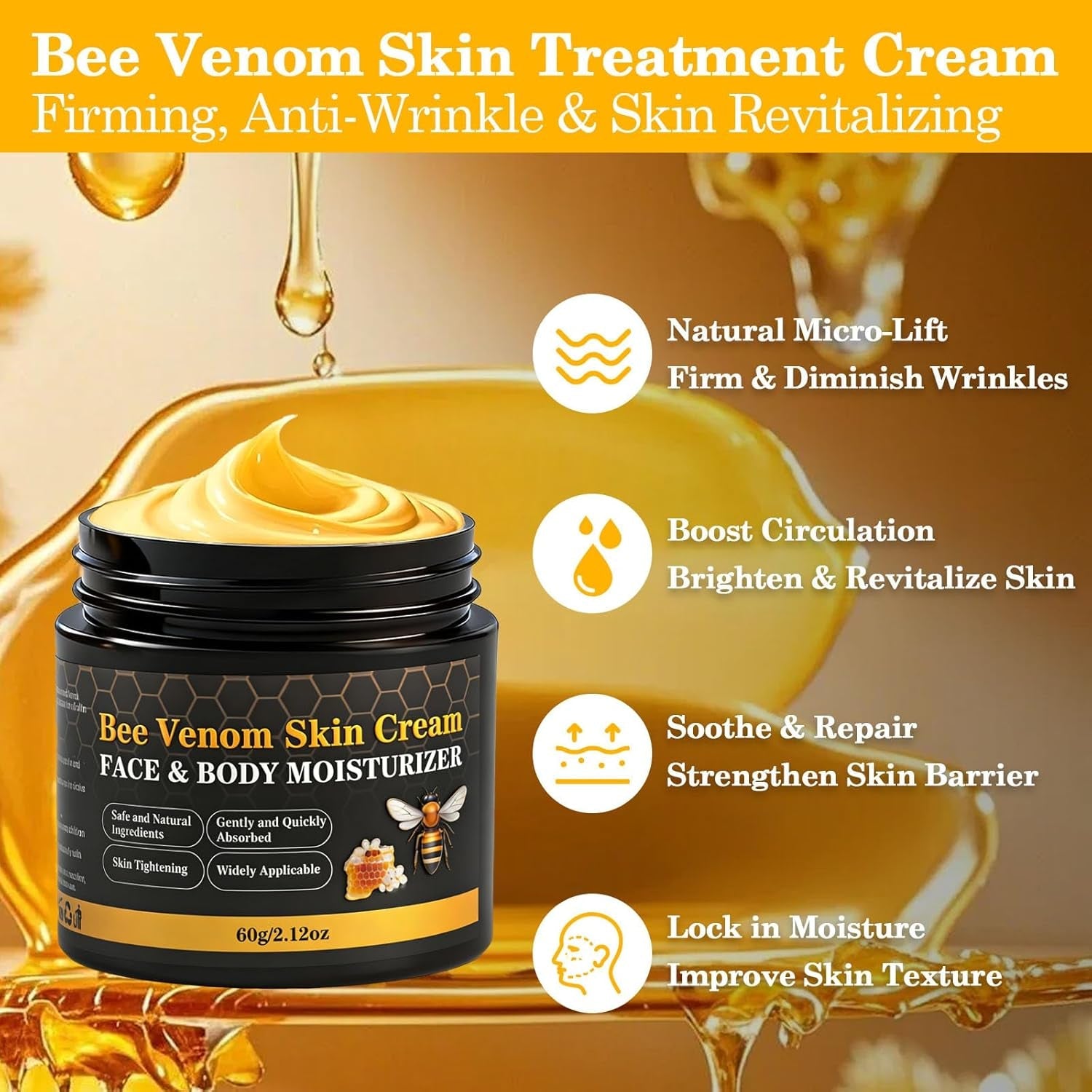 2PCS Bee Venom Skin Cream, Natural Ingredients Non-Irritating Bee Venom Cream, Wrinkle Lift & Firming, Reduces Blemishes, for Face & Full Body, 2 * 60G