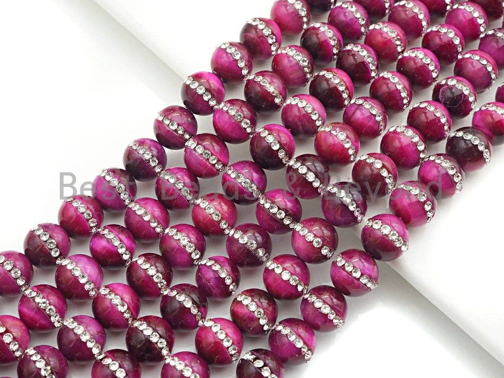 FuchsiaTiger Eye with rhinestone inlaid, 6mm/8mm/10mm/12mm/14mm, Tiger eye Beads, 15.5inch Full strand, SKU#V53