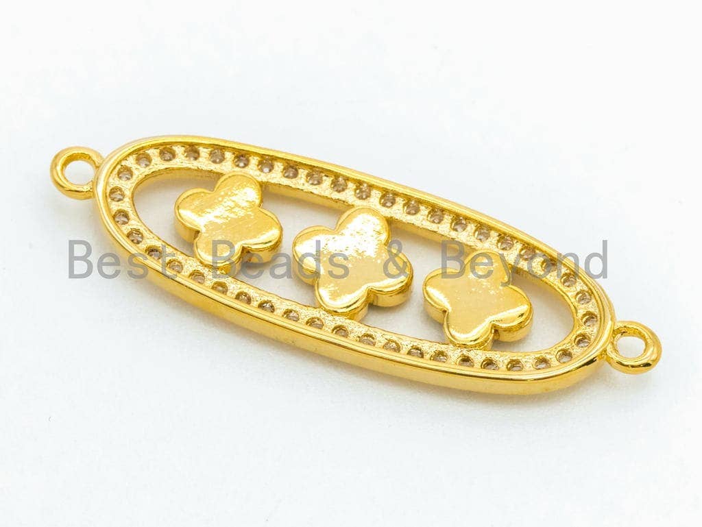 CZ Micro Pave NATURAL Abalone Clover Oval Shaped Connector, Cubic Zirconia Abalone Link Connector Charm,10x32mm, 1pc, sku#Z36