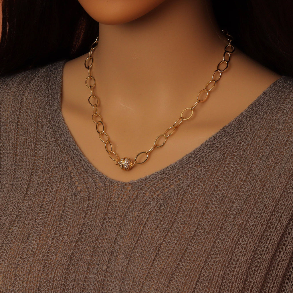Gold Oval Link Magenetic Ball Necklace, Sku#EF624