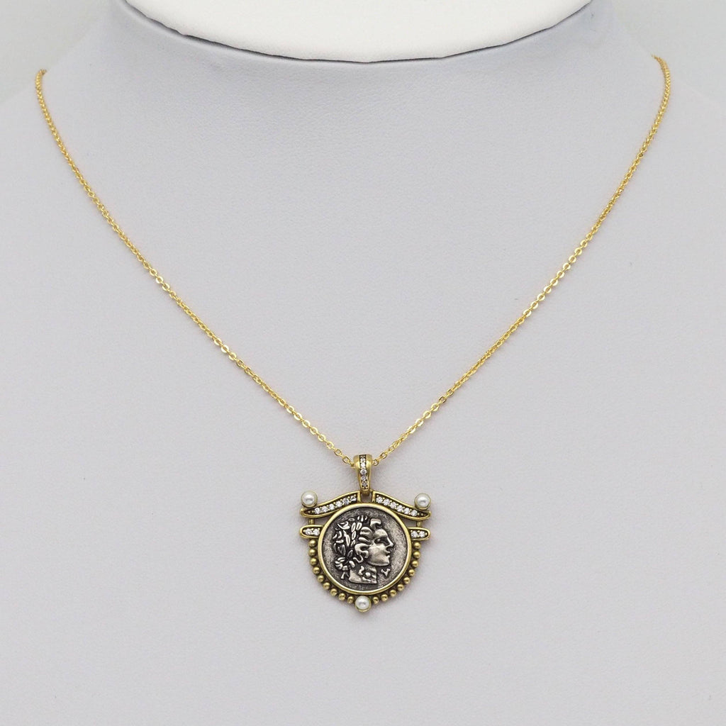 Double-sided Ancient Coin Pendant with CZ Pearl, Sku#Y884