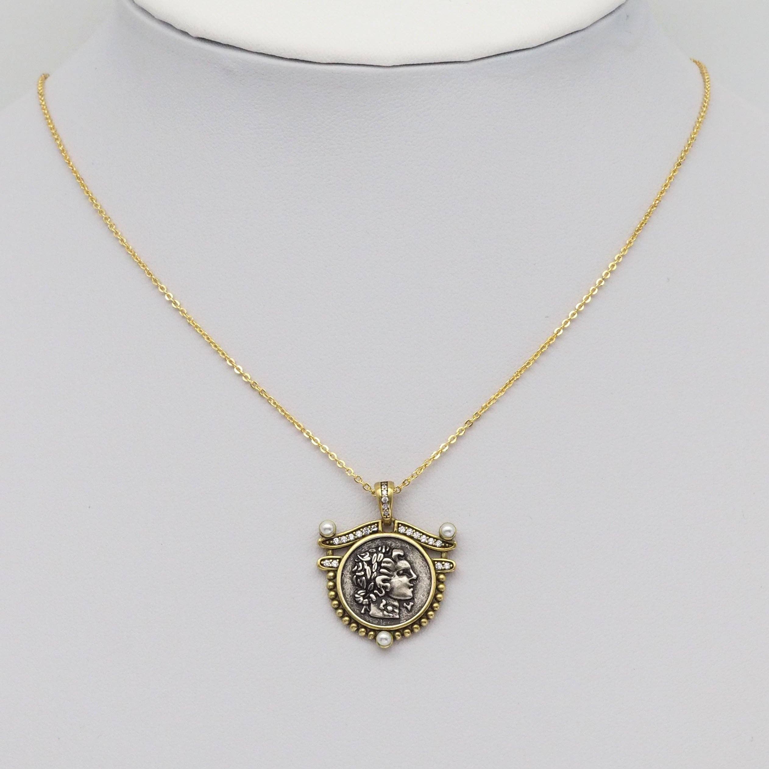 Double-sided Ancient Coin Pendant with CZ Pearl, Sku#Y884