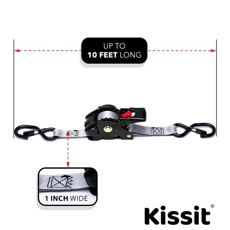 KISSIT Retractable Ratchet Tiedown Straps - 1209Lb Max Break Strength - Includes 2 1" X 10 Tie Downs