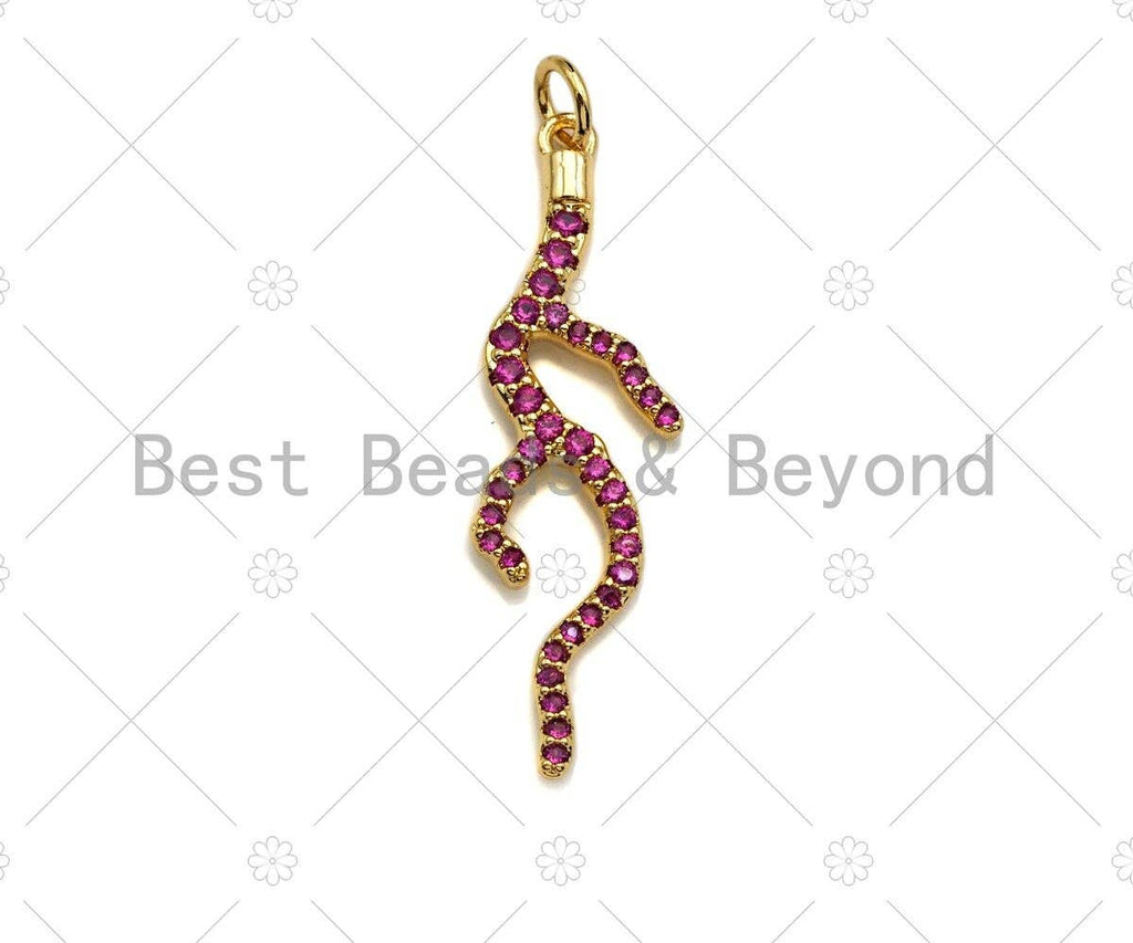 Fuchsia CZ Micro Pave Coral Branch Pendant/Charm, Antler Tree Branch Cubic Zirconia Pendant, Silver/Gold/Rose Gold Tone, 10x34mm, Sku#Y286