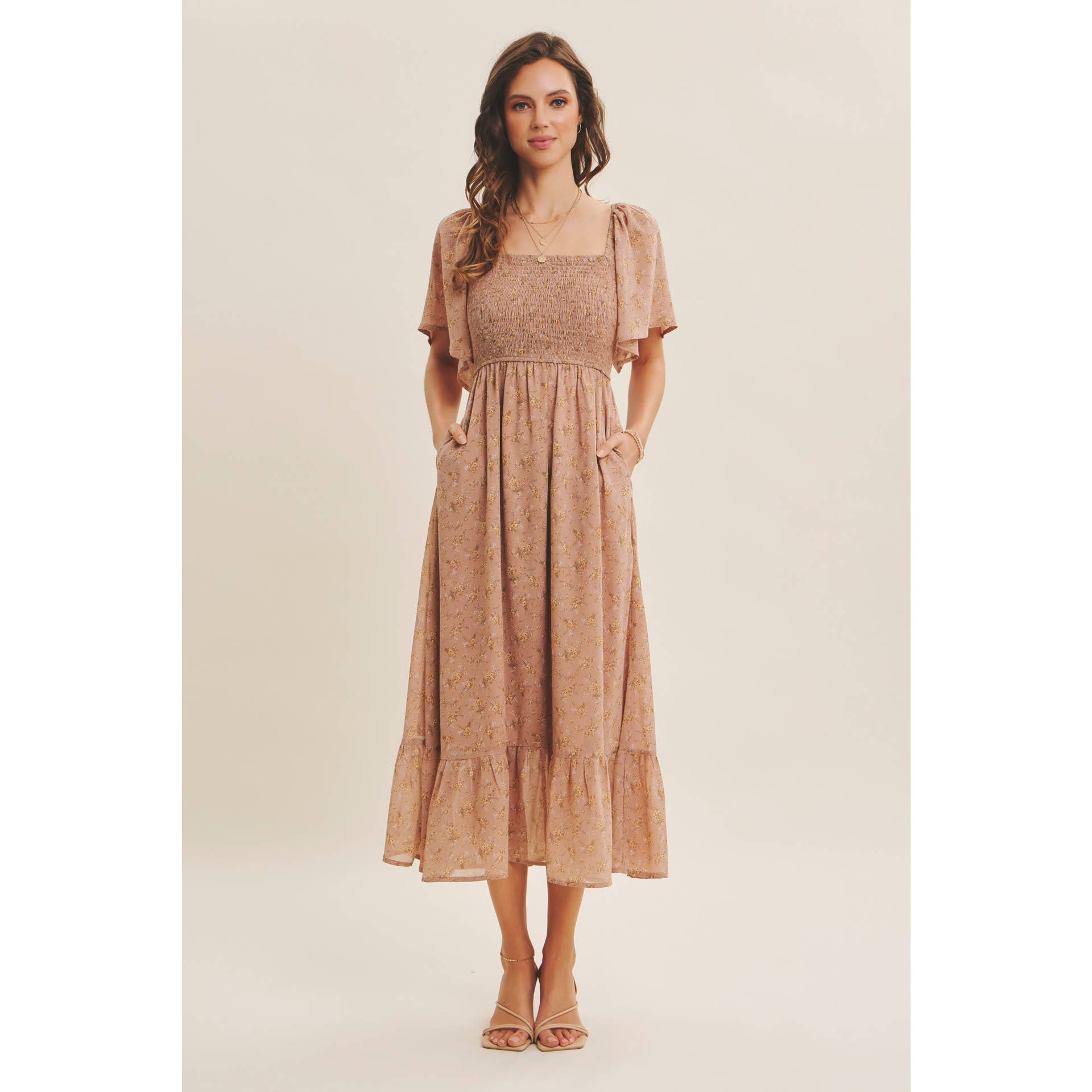Ariana Square Neck Floral Chiffon Smocked Midi Dress