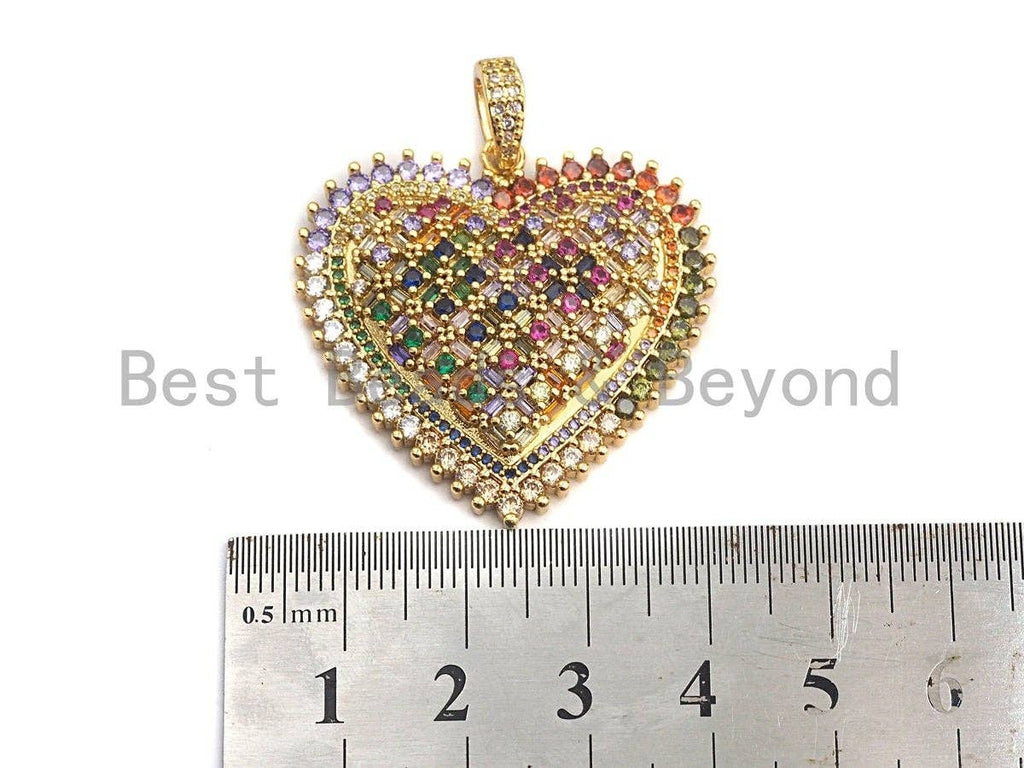 CZ Colorful Micro Pave Heart Gold With Baguette CZ Filigree Pendant, Heart Shaped Pave Pendant, Gold plated, 36x36mm, Sku#F948