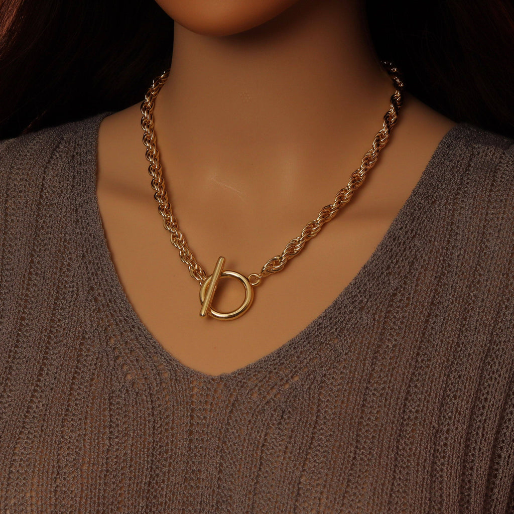 Gold Silver Rope Chain Necklace with Large Toggle Clasp, Sku#EF583