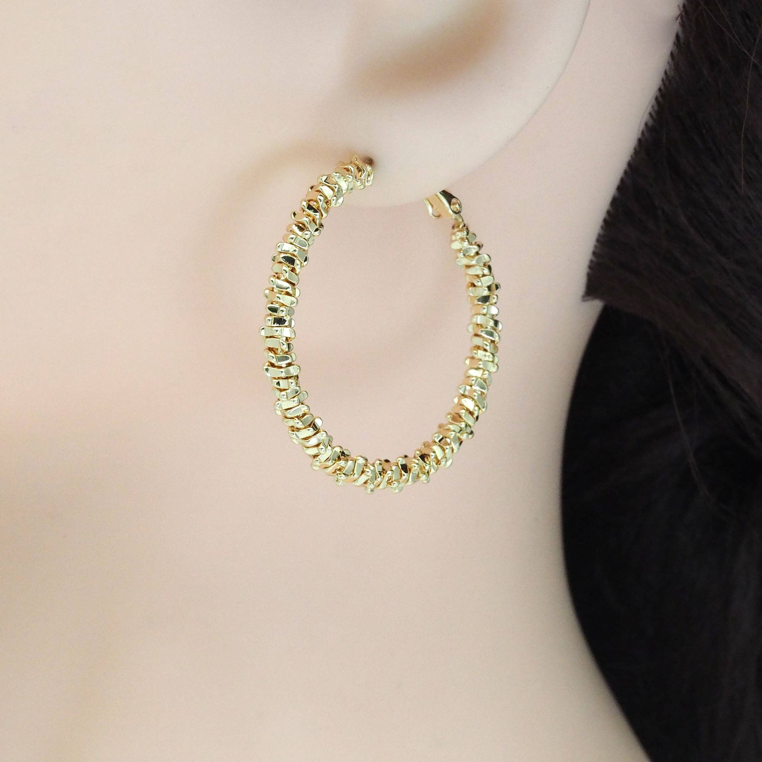 Gold Chip Beads Round Hoop Earrings, Sku#ZX135