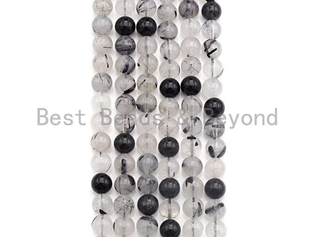 Quality Natural Tourmalinated Quartz , 6mm/8mm/10mm  Round Smooth Beads, Natural Quartz, 15.5" Full Strand, sku#U687