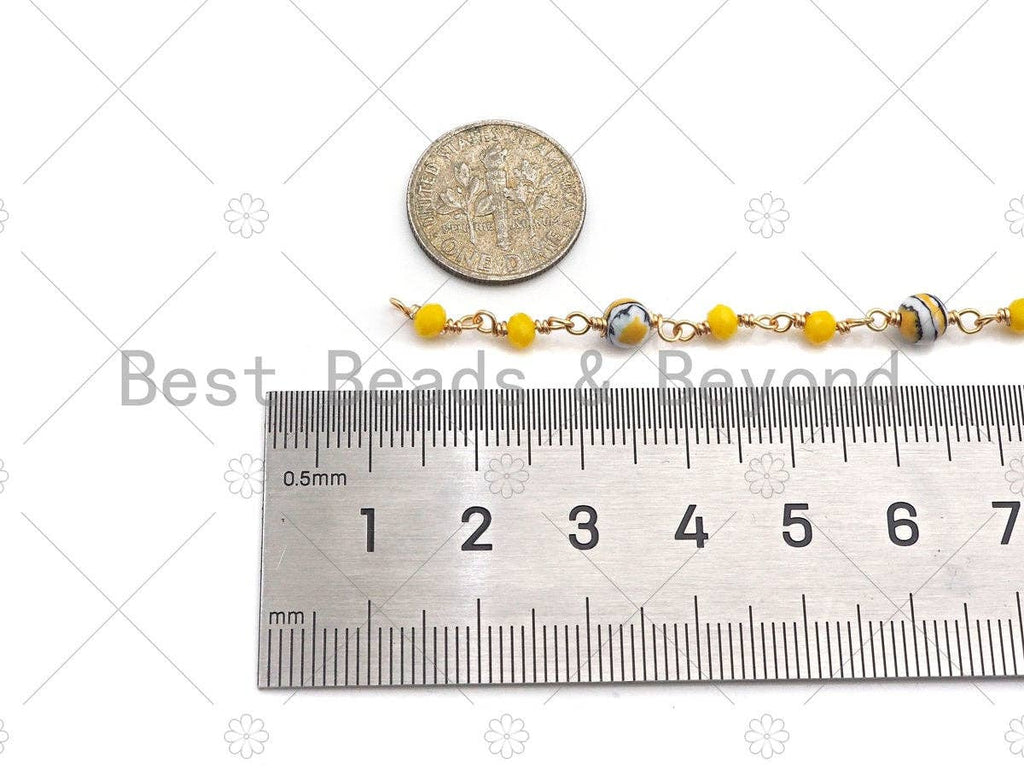 1 Foot/Yard-5mm&3mm Turquoise Yellow Round  Rosary Chain- Brass Wire Wrapped Gold Plated Chain- DIY Necklace/Bracelet Link Findings, sku#V67