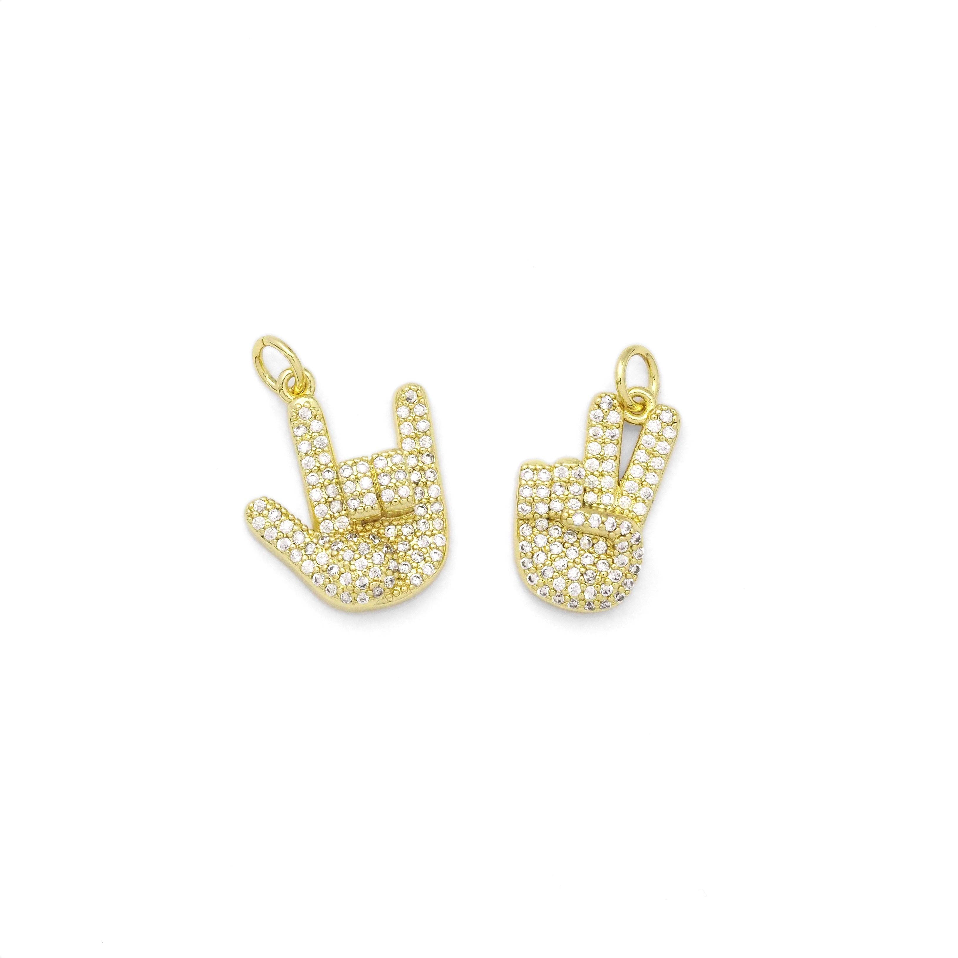 CZ Gold Love Hand Pece Hand Victory Sign Charm, Sku#LX143