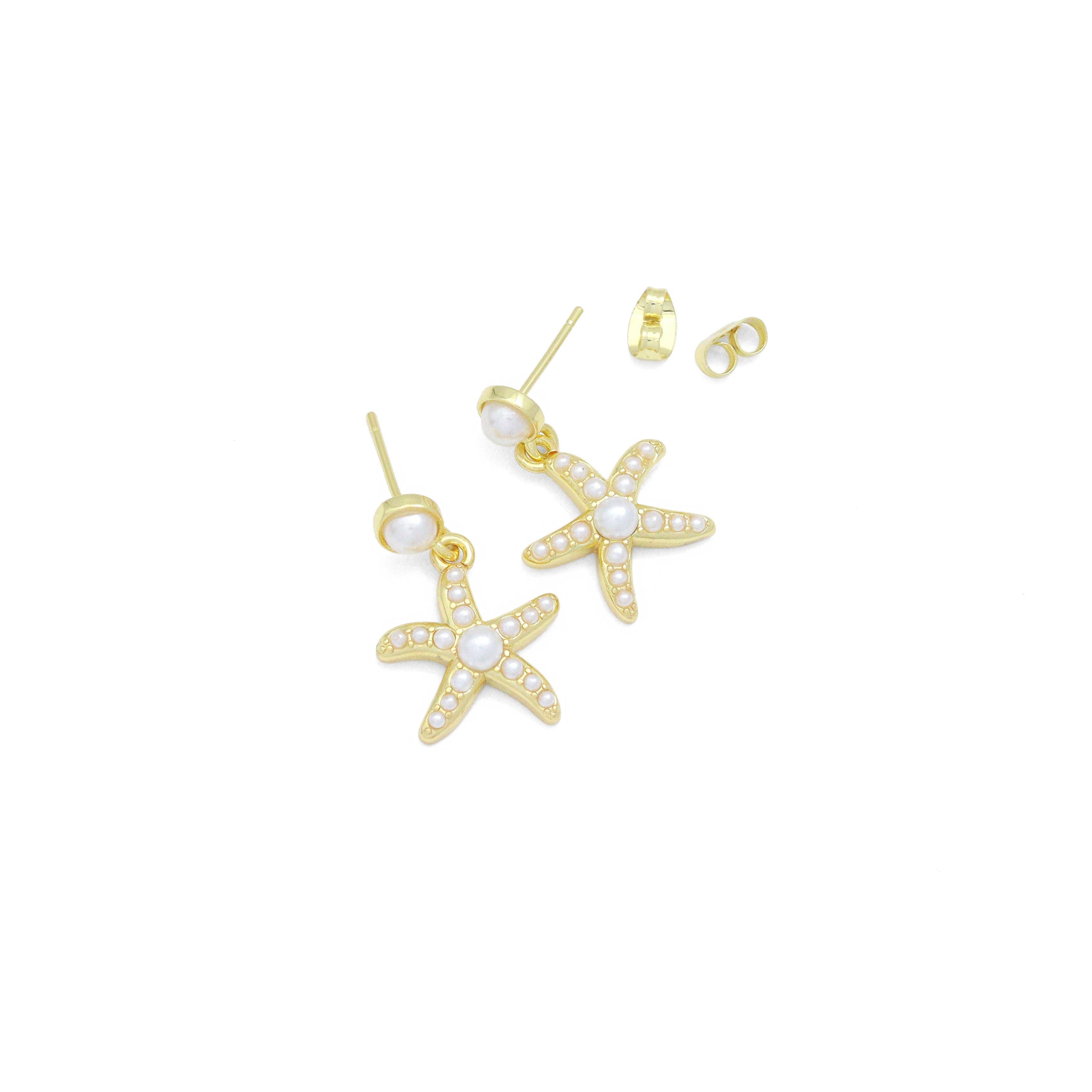 White Pearl Gold Bowknot Star Fish Stud Earring,Sku#LD747
