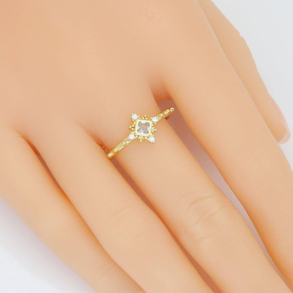 Clear Rhombus CZ Diamond Shaple Gold Adjustable Ring, Sku#LD579c