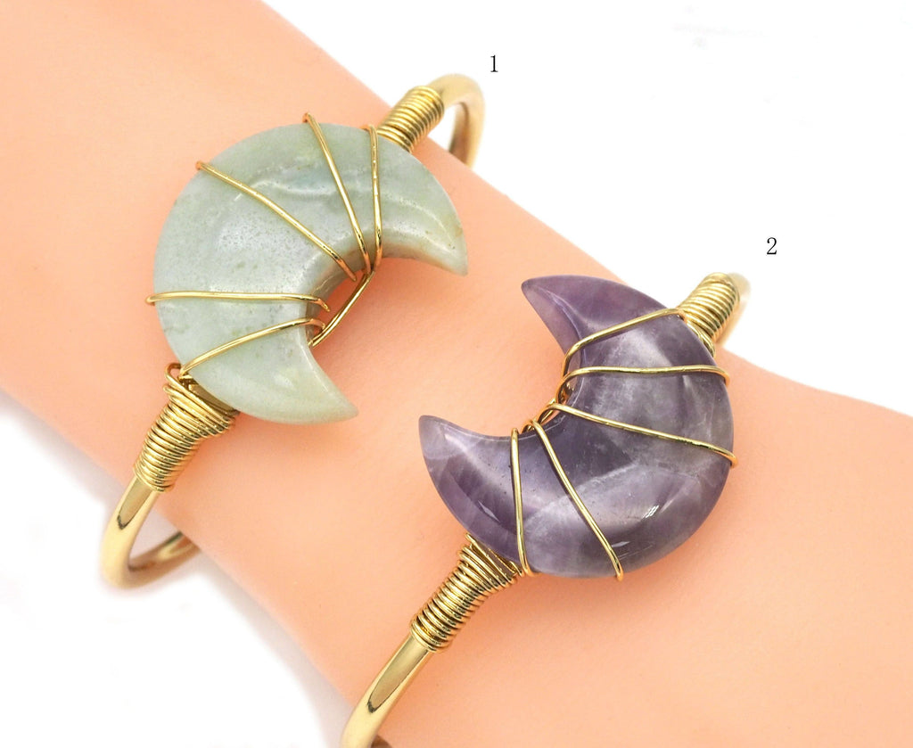Gemstone Moon Shape Wire Trapped Cuff bracelet, sku#LY25