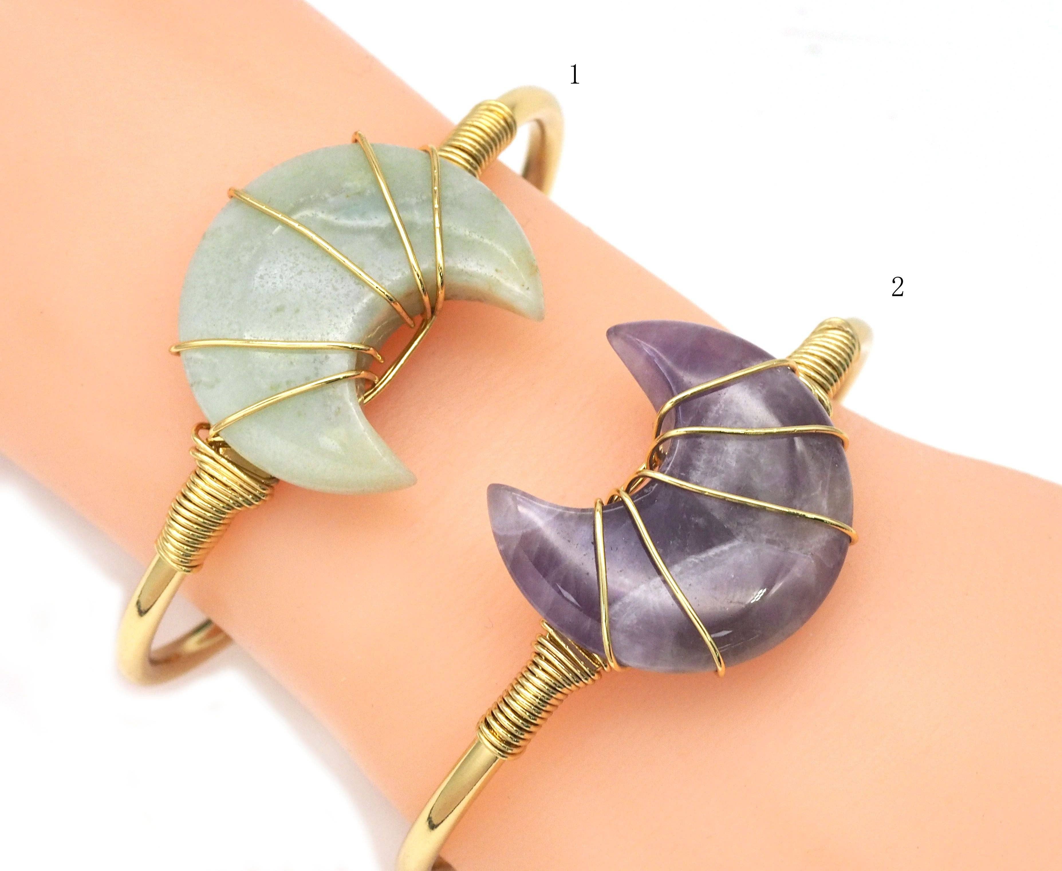 Gemstone Moon Shape Wire Trapped Cuff bracelet, sku#LY25