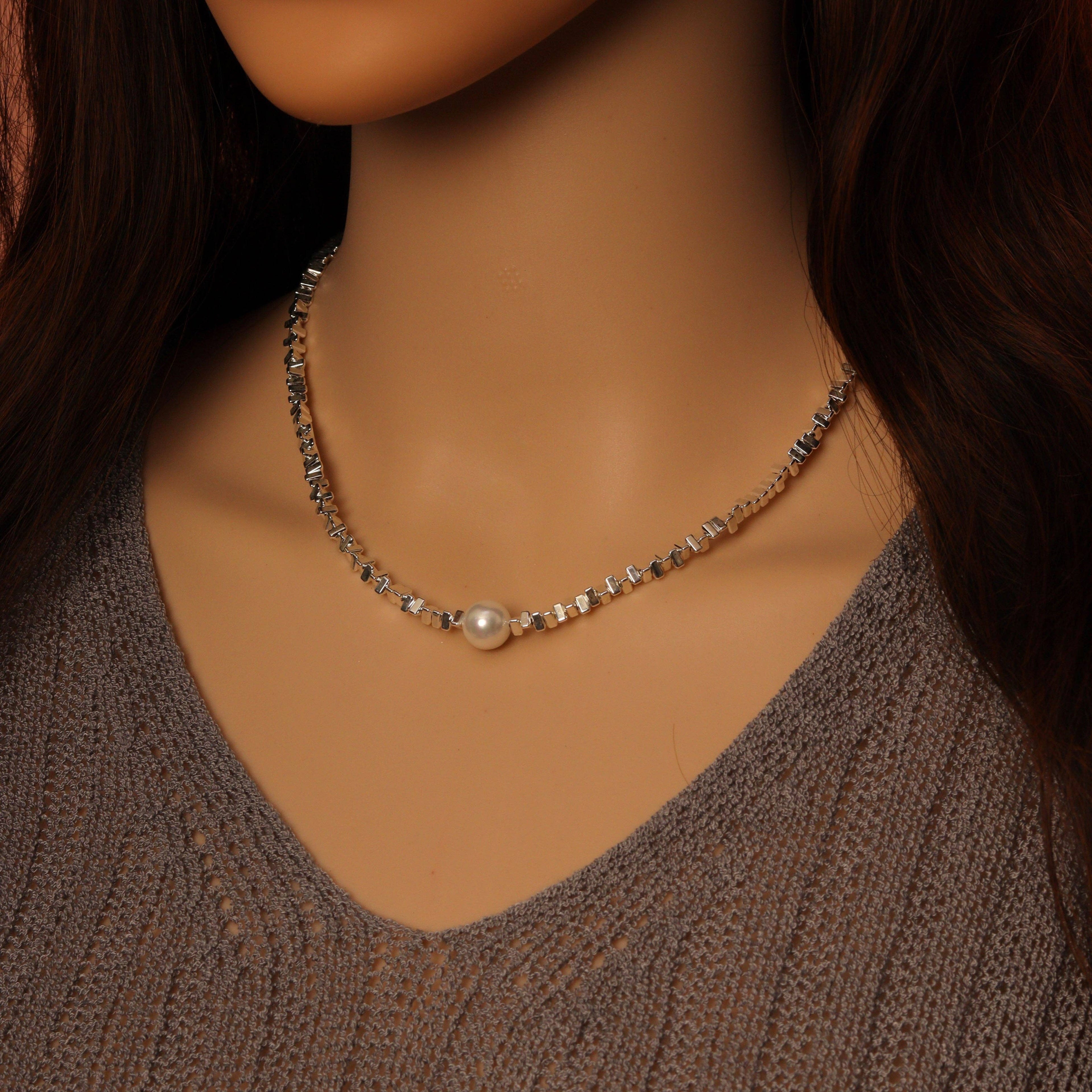 Silver Triangle Chip hematite beads with Pearl Necklace, Sku#EF502