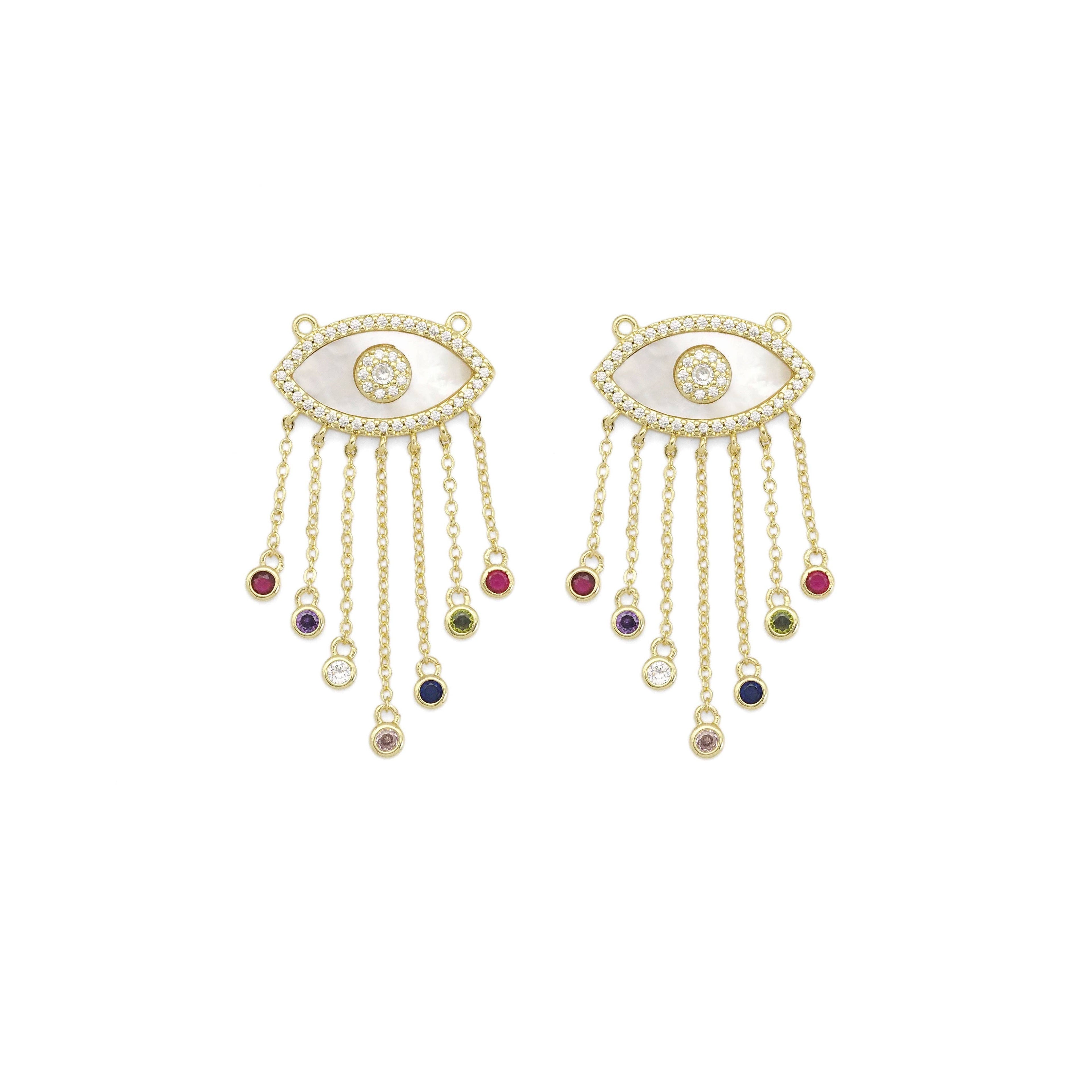 Gold Colorful CZ On Pearl Evil Eye Charm, Sku#LX274