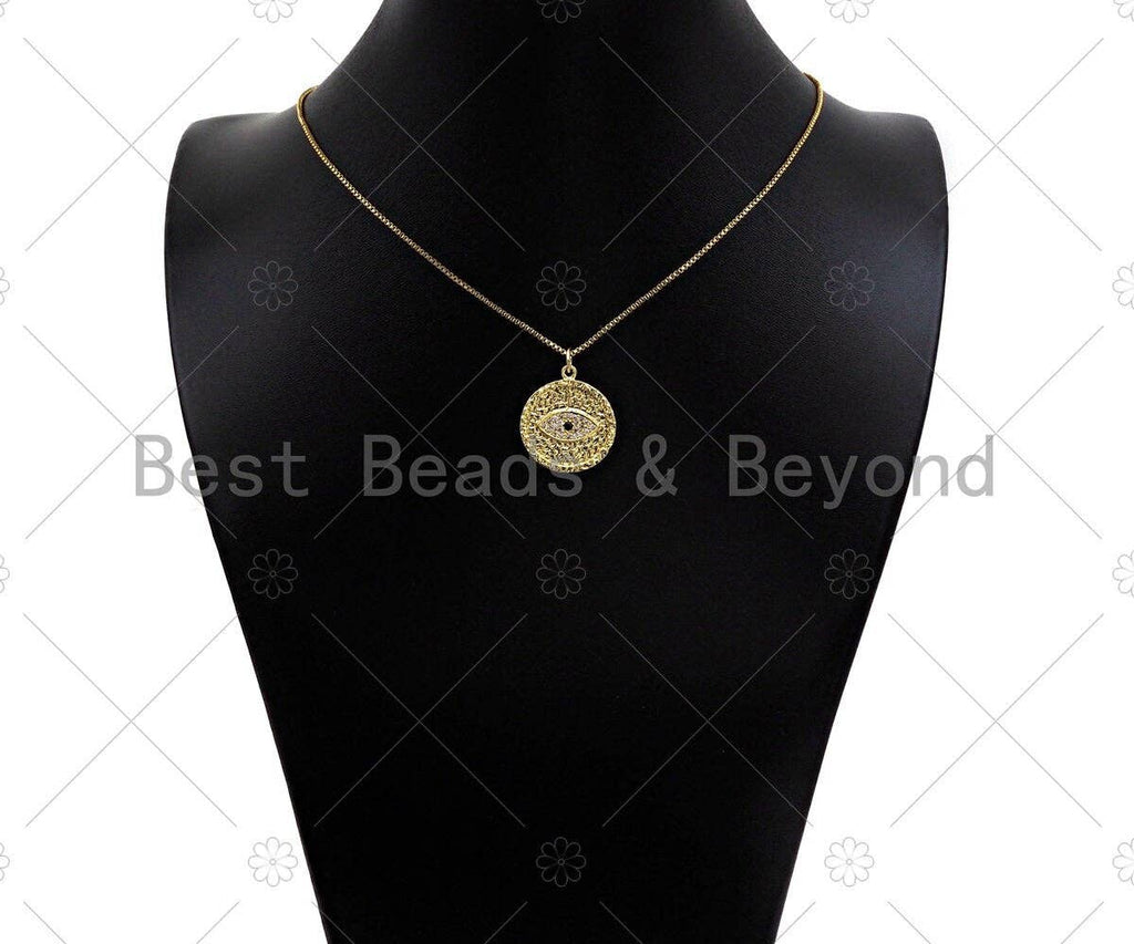 18K Gold Silver Pave Evil Eye Coin Shape Pendant/Charm, Protection Eye Bracelet Necklace Charm, Evil Eye Pendant Charm, 21mm,sku#Z1246