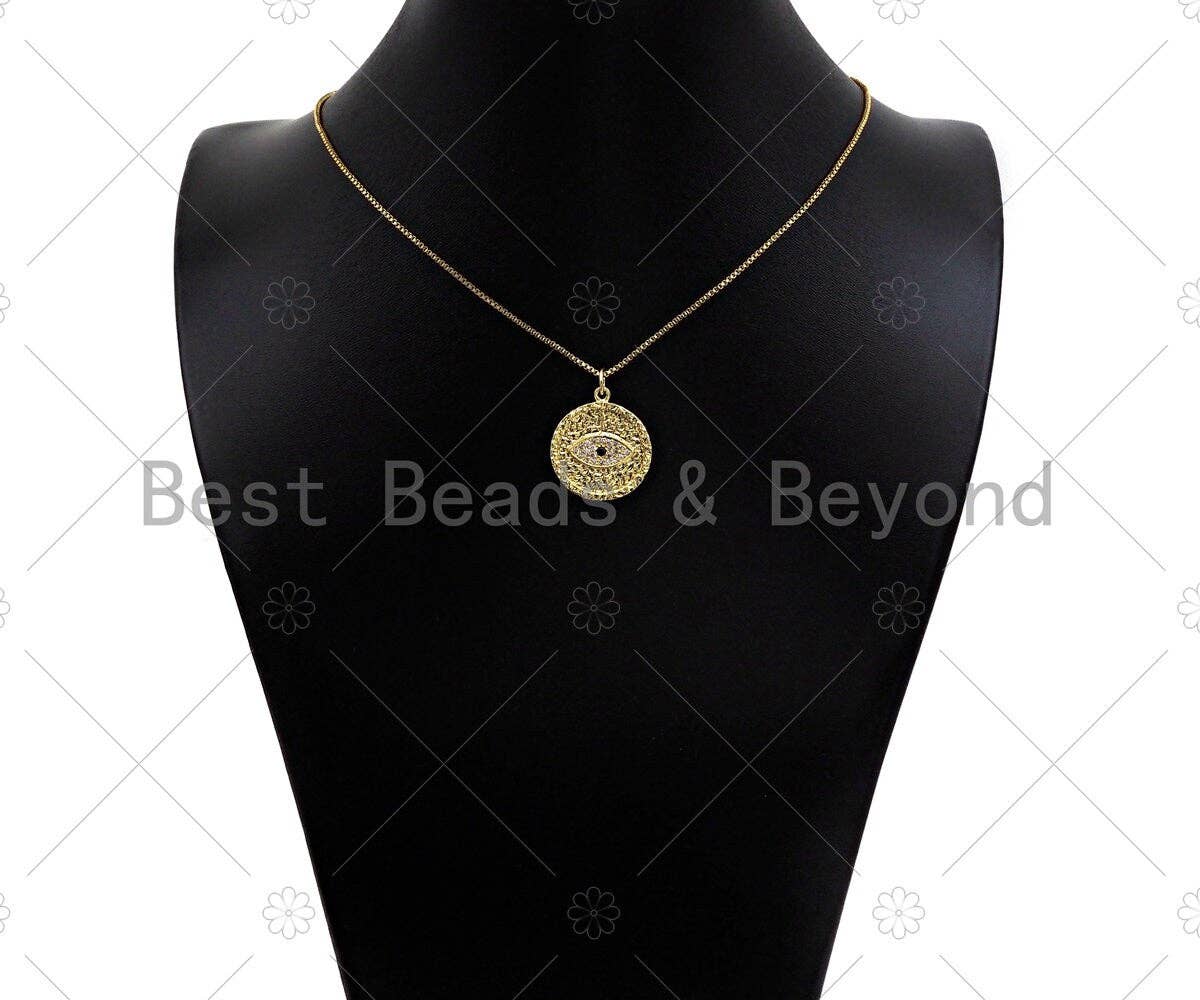 18K Gold Silver Pave Evil Eye Coin Shape Pendant/Charm, Protection Eye Bracelet Necklace Charm, Evil Eye Pendant Charm, 21mm,sku#Z1246