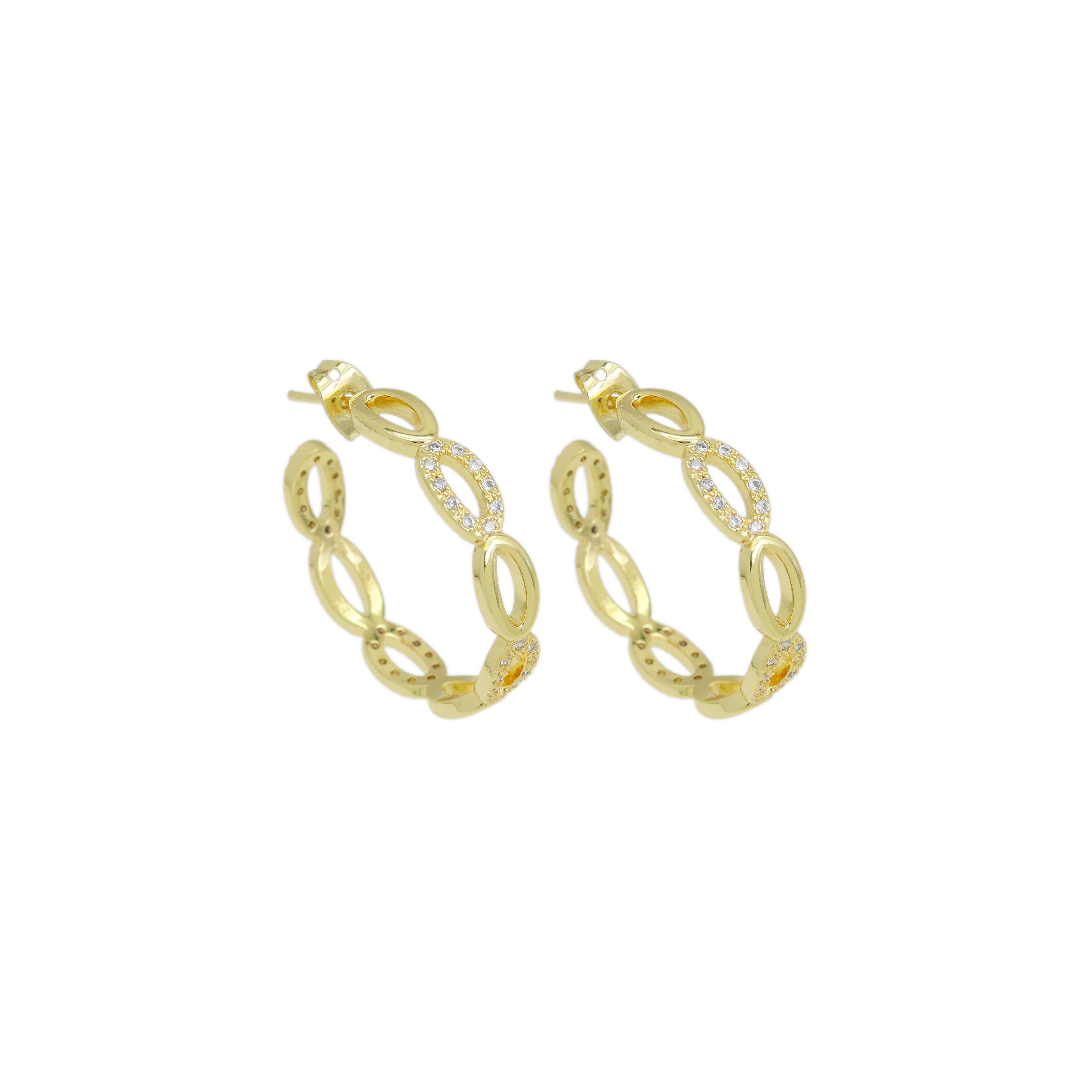 Clear CZ Gold Oval Link Hoop Earrings, Sku#LD526