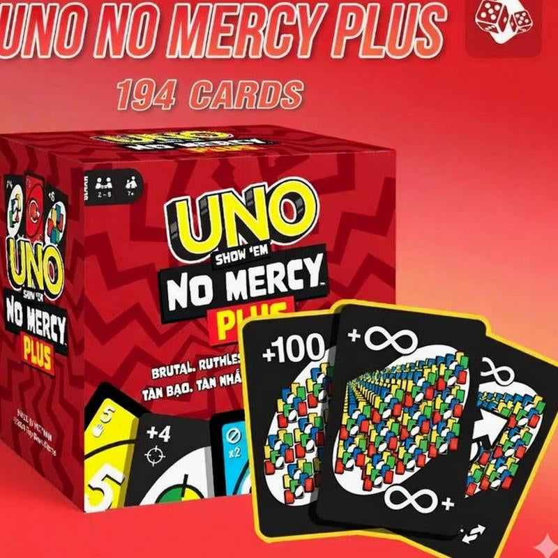UNO Show ‘Em No Mercy plus Card Game in Storage & Travel Tin for Kids, Adults & Family Night with Extra Cards, Special Rules & Tougher Penalties