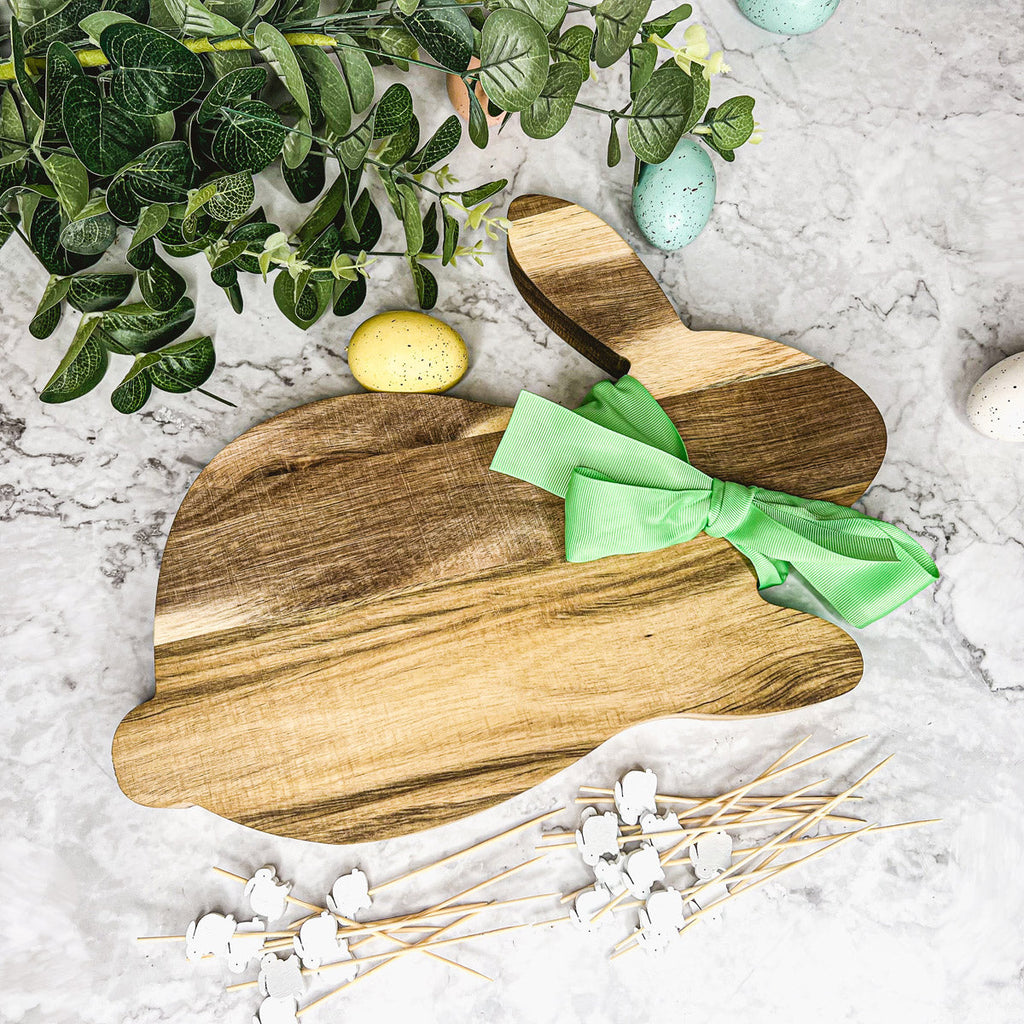 Acacia Wood Bunny Cutting Board With 20 Bunny Toothpicks And Ribbon Gift