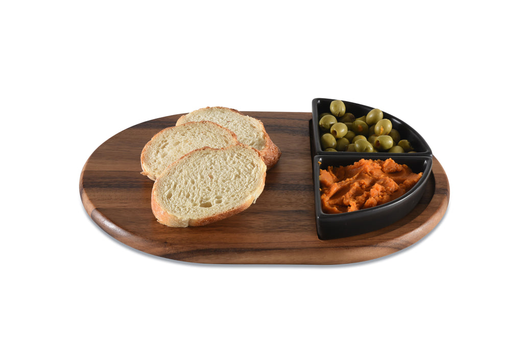 Acacia Wood Charcuterie Tray 15x11 With 2 Black Triangular Ceramic Bowls
