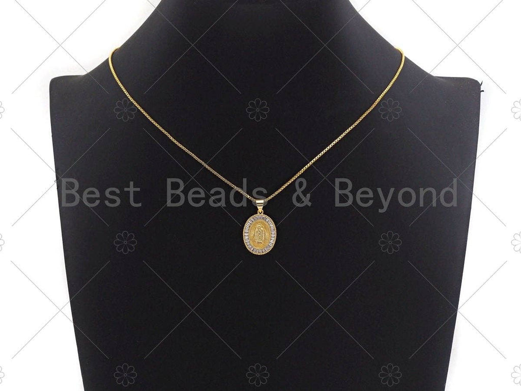 18K Gold Virgin Mary On Oval Emblem Shape Pendant, Oval Charm, Virgin Mary Pave Pendant, Dainty Gold Charm,21x15mm, Sku#F1155