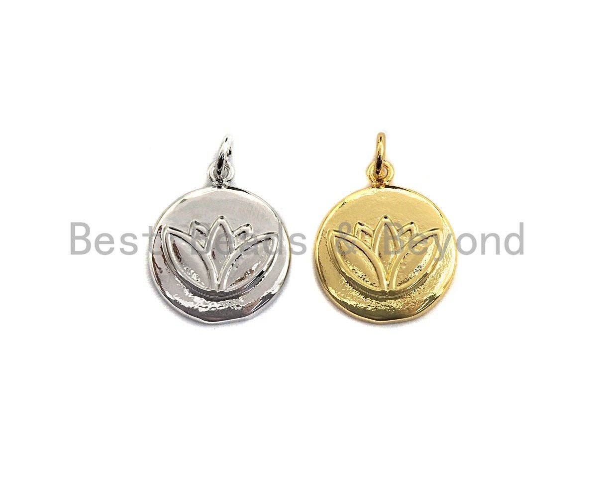Lotus Flower on Disc Coin Pendant/Charm,Yoga Cubic Zirconia Pendant, Silver/Gold Tone,15x18mm,Sku#Z429