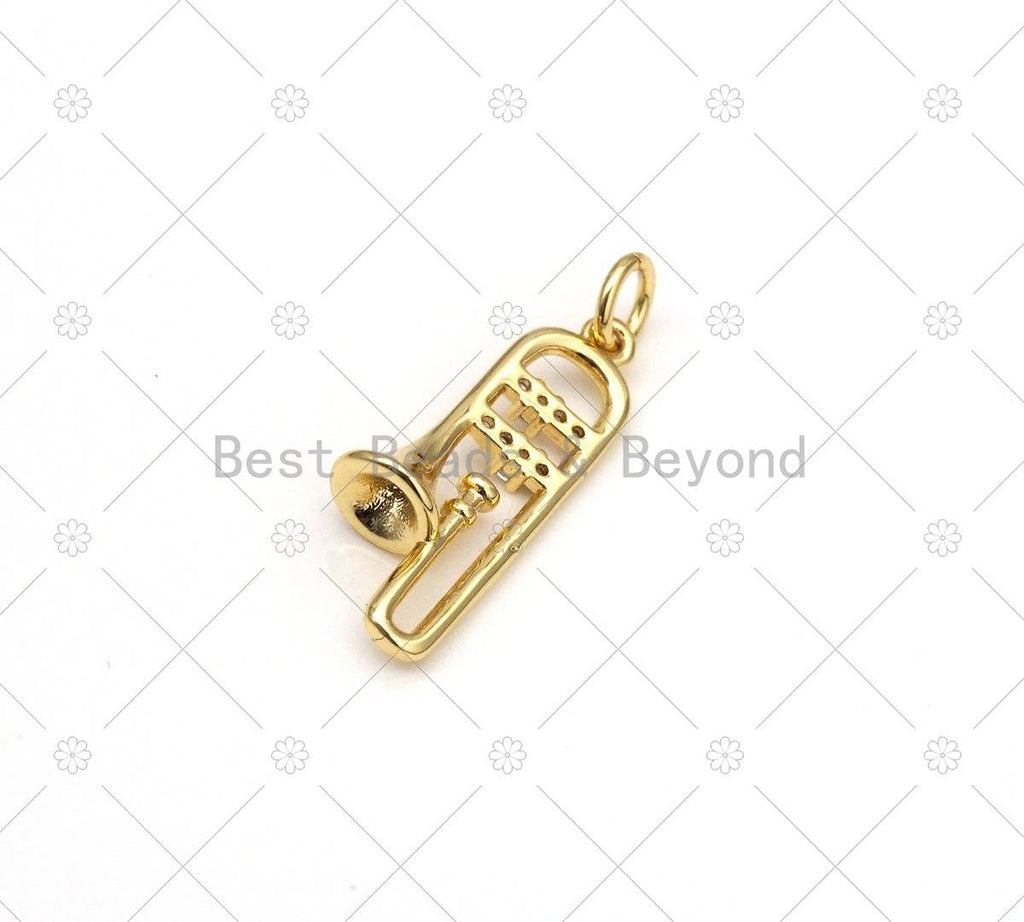 CZ Micro Pave Trumpet Shape Pendant, 18K Gold Filled Musical Instrument Charm, Necklace Bracelet Charm Pendant,9x23mm,Sku#F1441