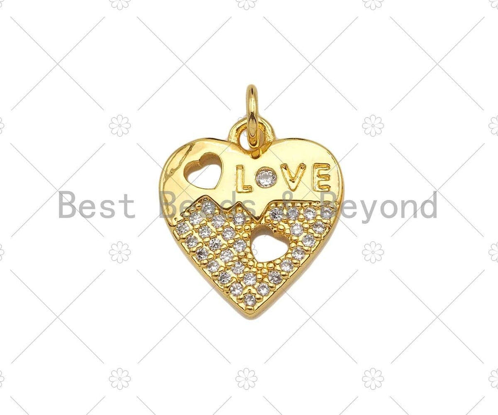CZ Micro Pave Love Word with Hollow Out Heart On Heart Pendant,18K Gold Charm, Necklace Bracelet Charm Pendant,14x16mm,Sku#LK307