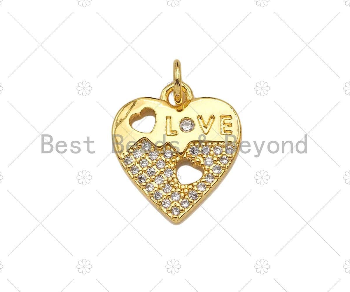 CZ Micro Pave Love Word with Hollow Out Heart On Heart Pendant,18K Gold Charm, Necklace Bracelet Charm Pendant,14x16mm,Sku#LK307