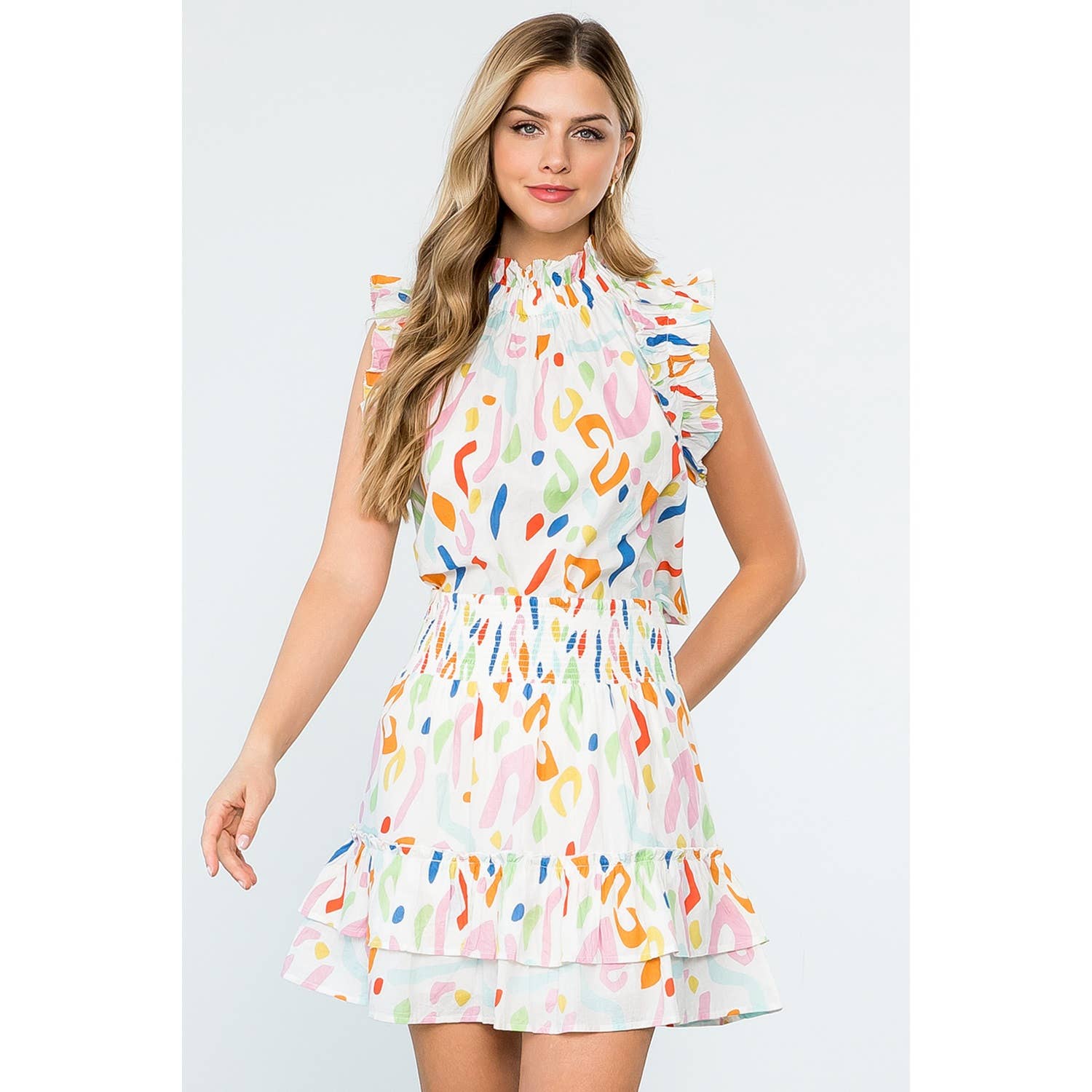 SAVANNAH- White Abstract Print Smocked Ruffle Skirt