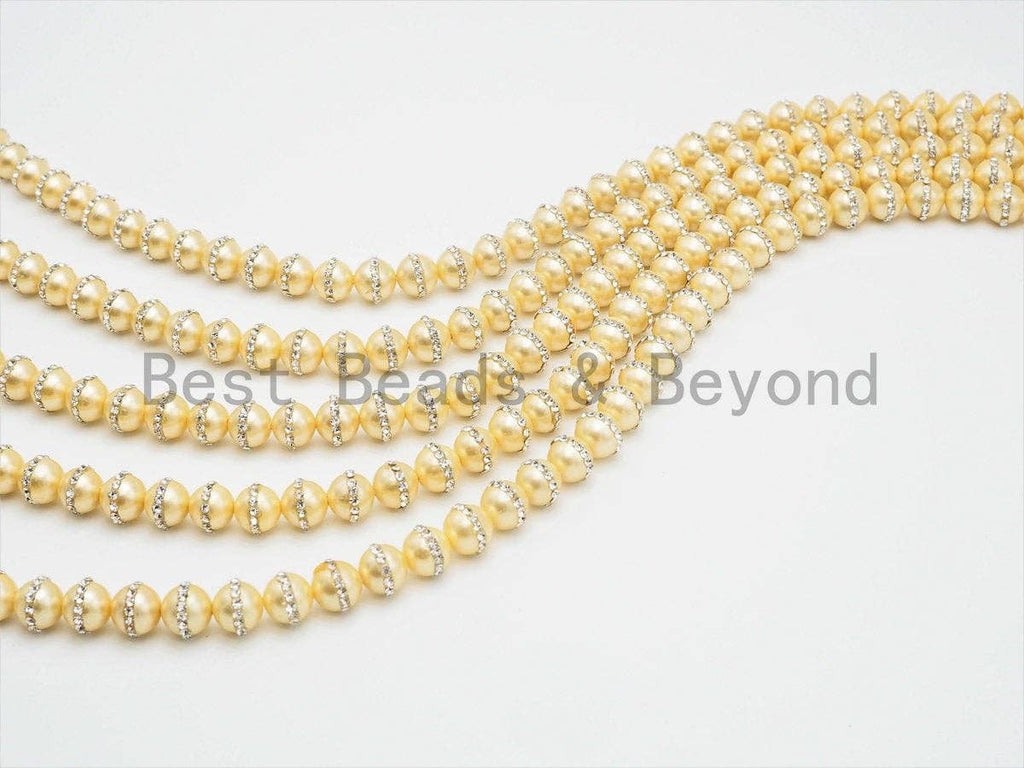 6mm/8mm/10mm/12mm Round Gold Pearl with rhinestone inlaid, Plated White Round Mother of Pearl Beads, 15.5inch Full strand,SKU#V31