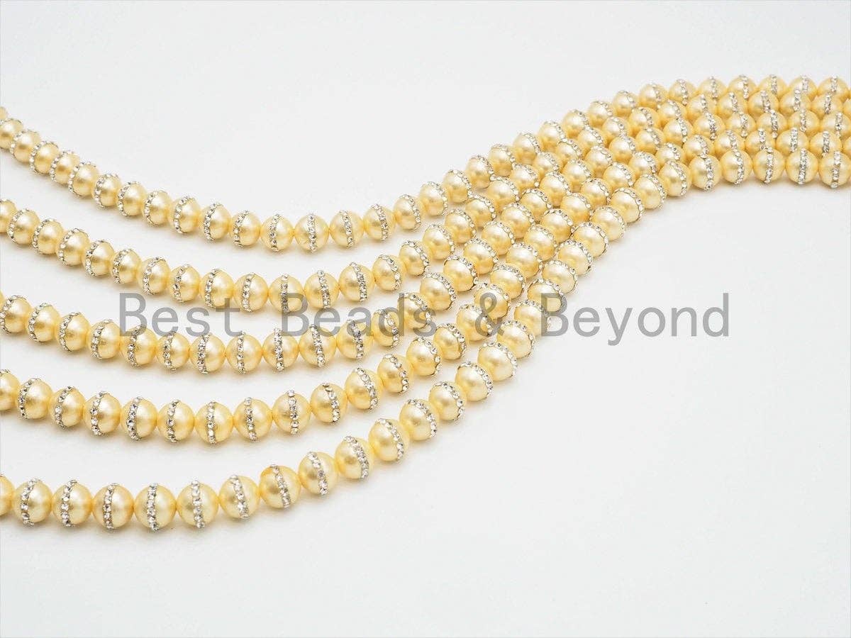 6mm/8mm/10mm/12mm Round Gold Pearl with rhinestone inlaid, Plated White Round Mother of Pearl Beads, 15.5inch Full strand,SKU#V31