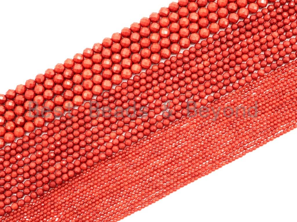 Quality Natural Dyed Red Coral Beads, 2mm/3mm/4mm/6mm  Round Faceted Gemstone Beads, Loose Coral Beads, 15.5inch strand, SKU#U116