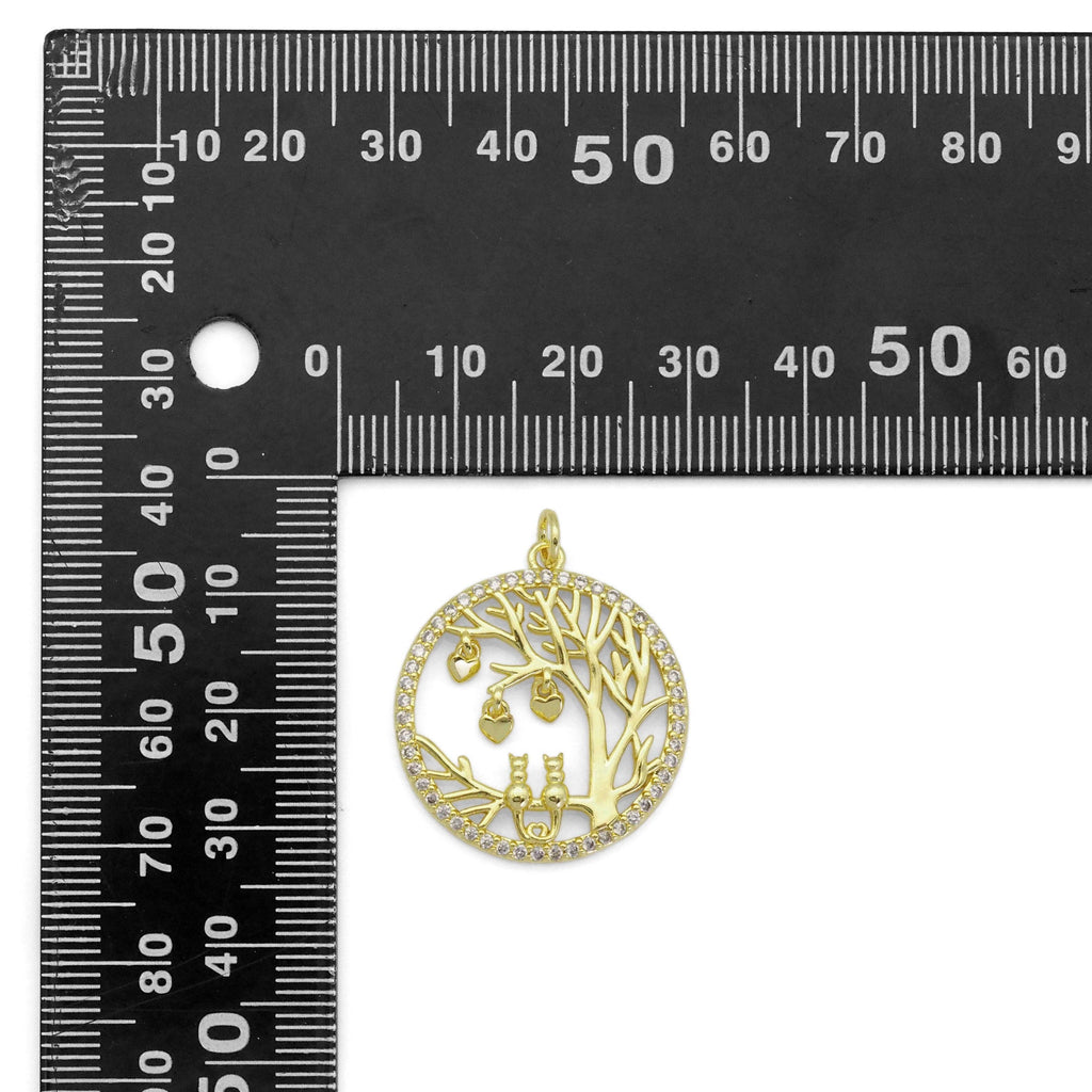 Gold CZ Tree Kitty Heart On Round Circle Charm, Sku#LD422