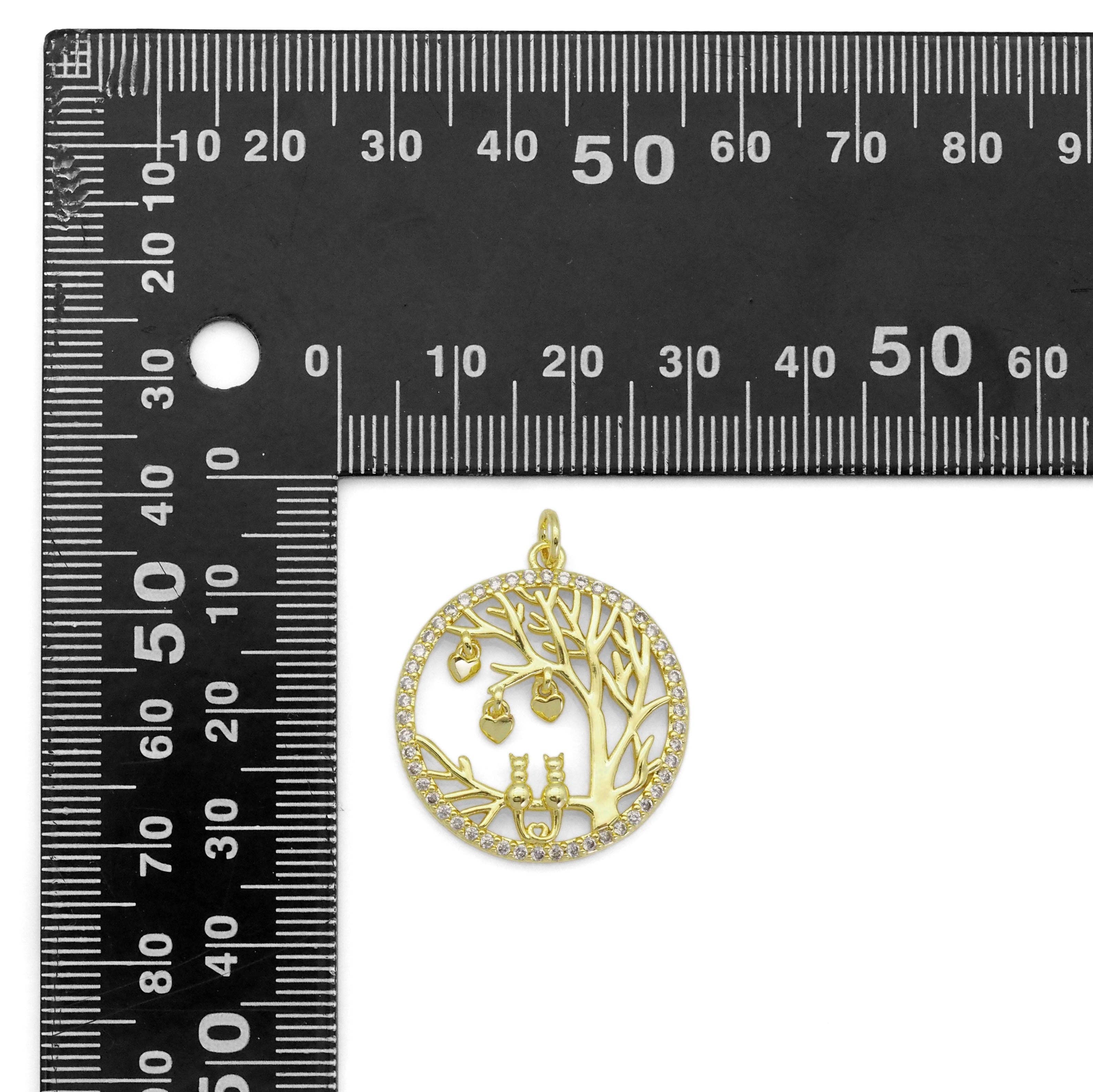 Gold CZ Tree Kitty Heart On Round Circle Charm, Sku#LD422
