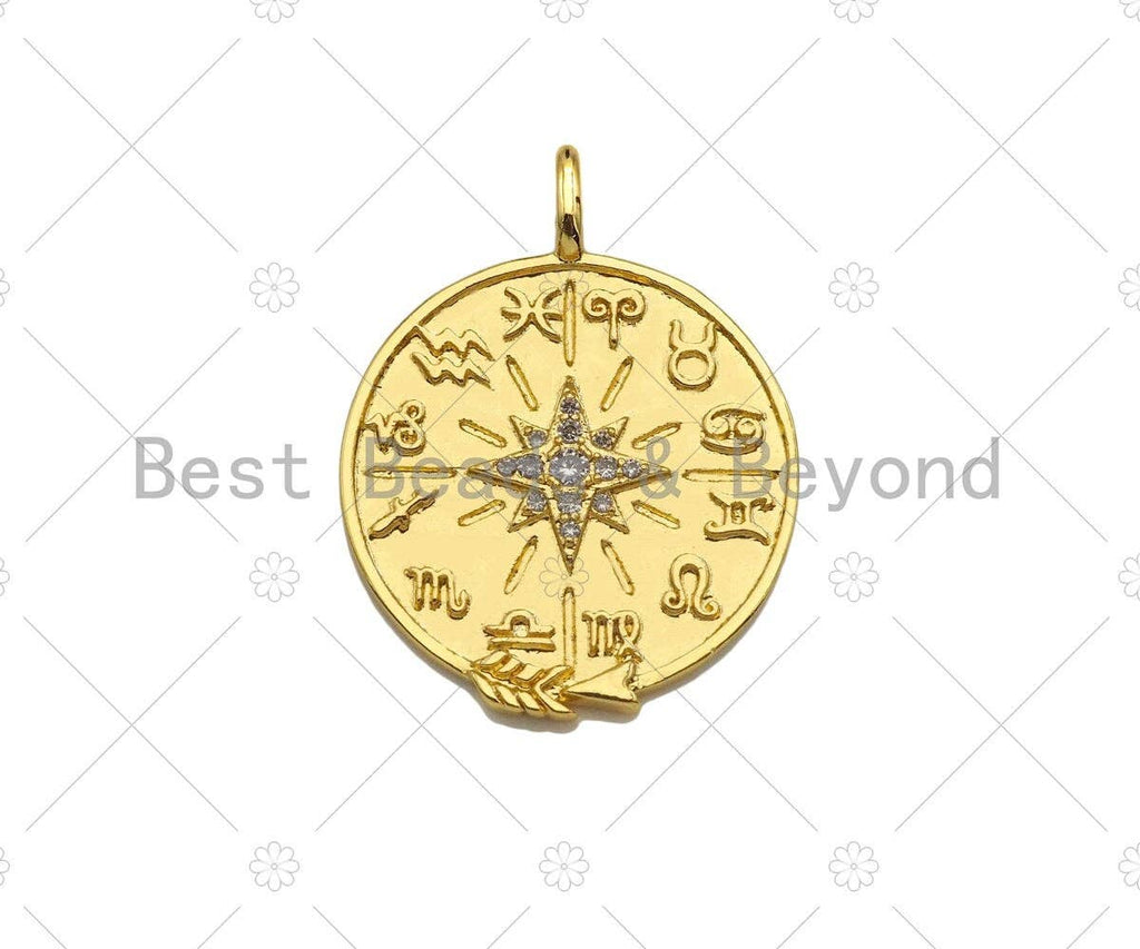 CZ Micro Pave North Star On Round Coin Shape Pendant, 18K Dainty Gold Medallion Charm,Necklace Bracelet Charm Pendant,23x30mm,Sku#Z1304