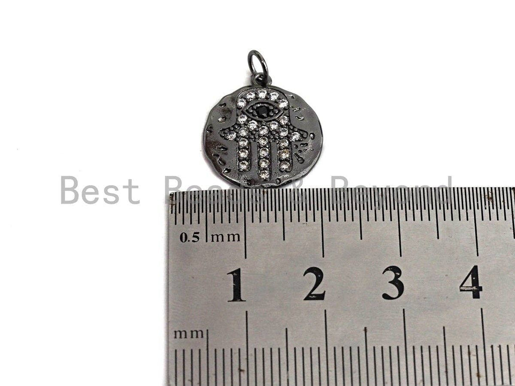 Clear CZ Micro Pave Hamsa Hand on Disc Pendant/Charm,Hamsa Hand CZ Pendant, Silver/Gold/Rose Gold/Black Tone,16x18mm,Sku#Z444