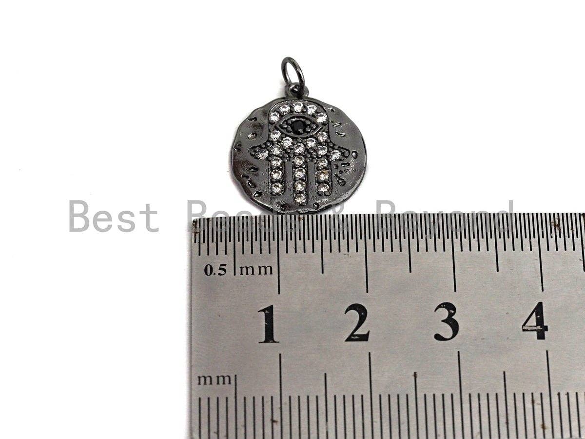 Clear CZ Micro Pave Hamsa Hand on Disc Pendant/Charm,Hamsa Hand CZ Pendant, Silver/Gold/Rose Gold/Black Tone,16x18mm,Sku#Z444