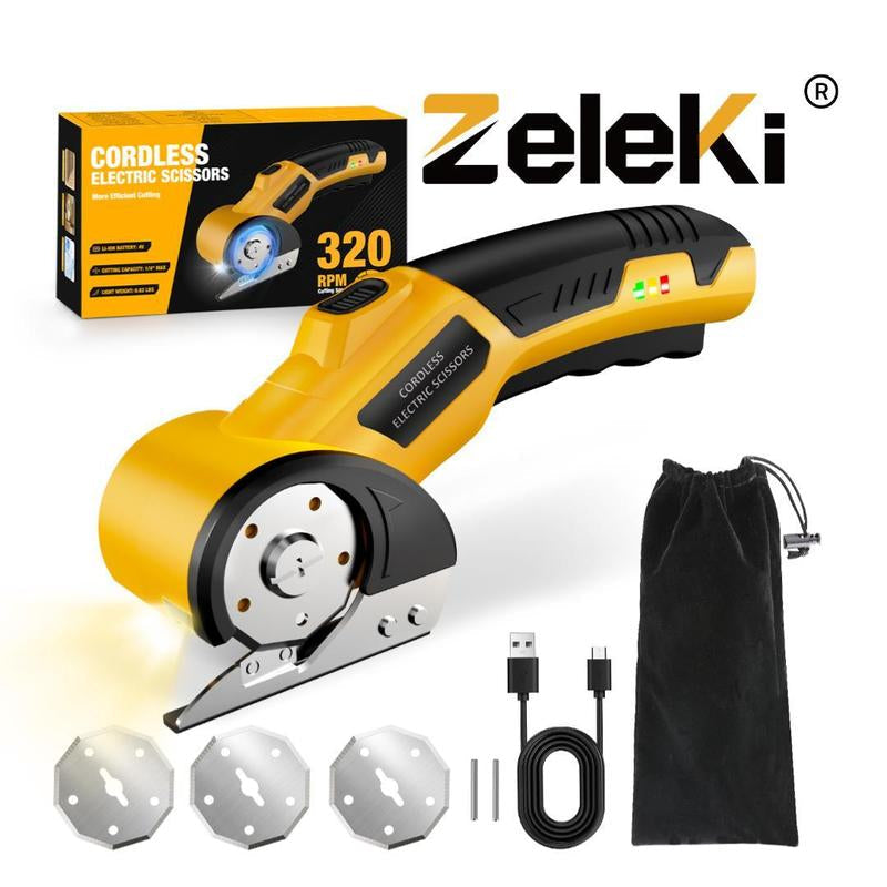 Zeleki Cordless Electric Scissors 4V – Rechargeable Heavy Duty Cutter with Safety Lock, LED Light, Long Battery Life & 2 Extra Blades | Easy-To-Use Wireless Shears for Cardboard,  Packaging Yellow with Storage Bag