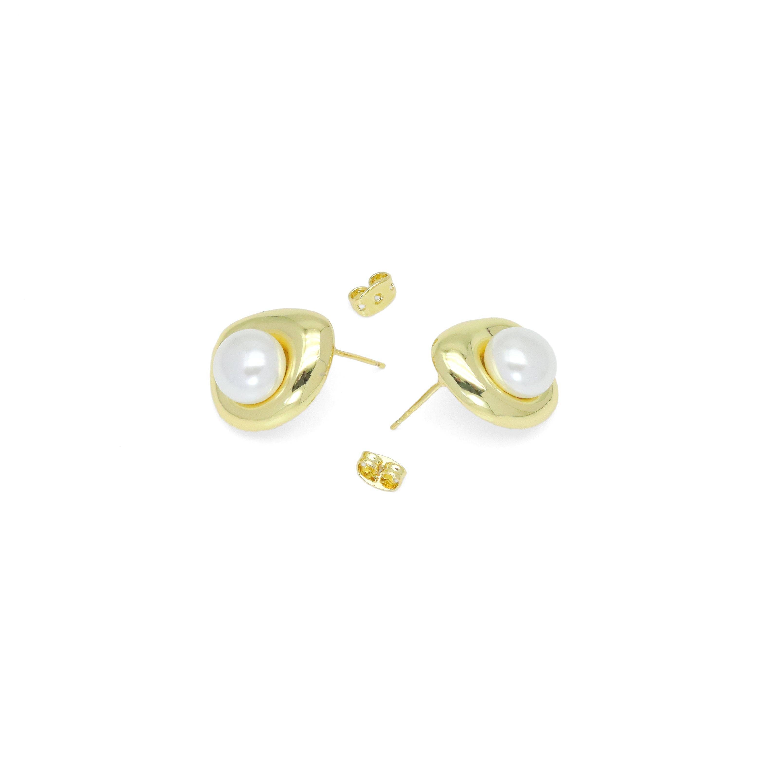 Gold White Pearl Stud Earrings, Sku#LX720