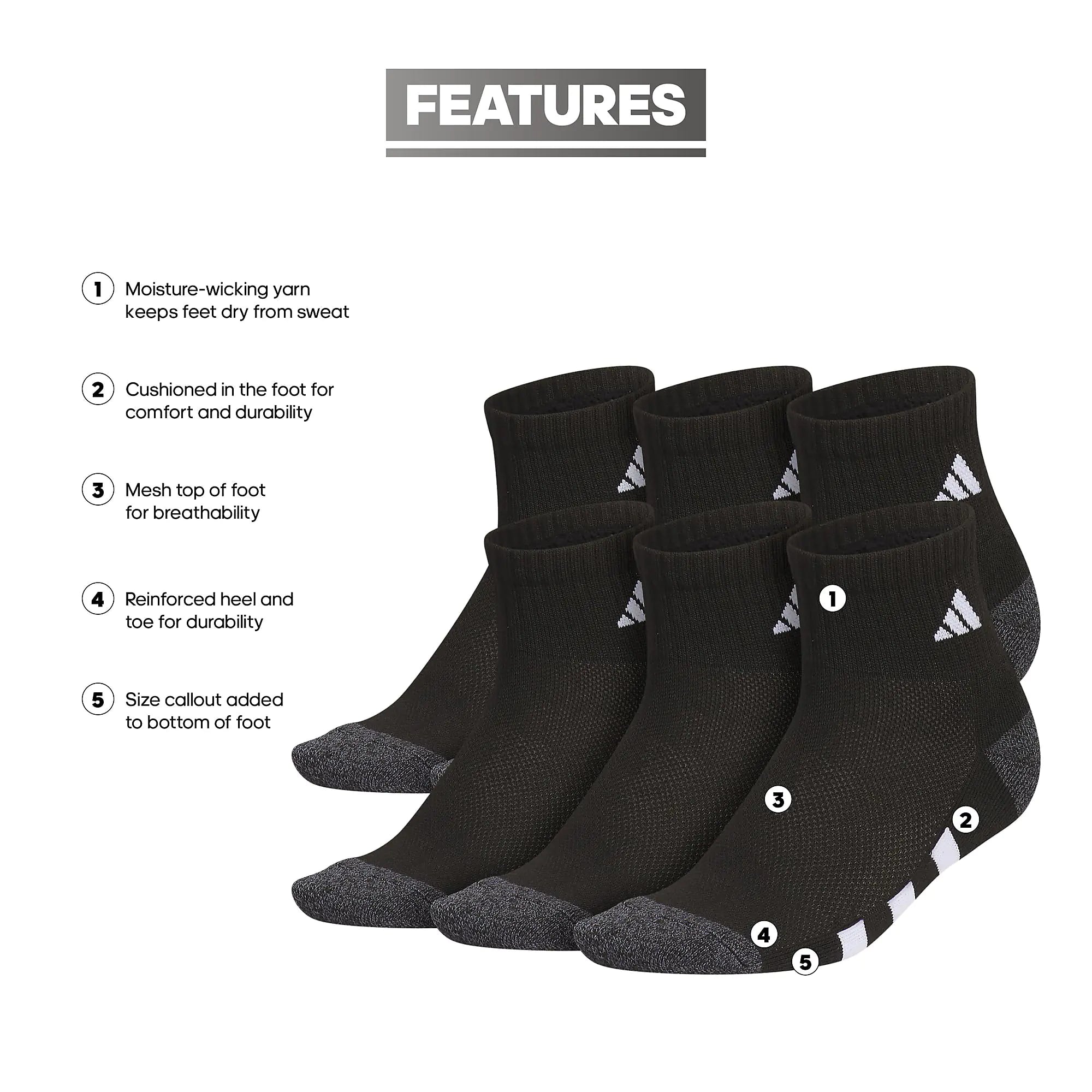 adidas Athletic Cushioned Quarter Socks (6-Pair) for Kids, Boys and Girls, Above The Ankle Fit, Durable Fabric Medium Black/Onix Grey/White - # BOAA11810006
