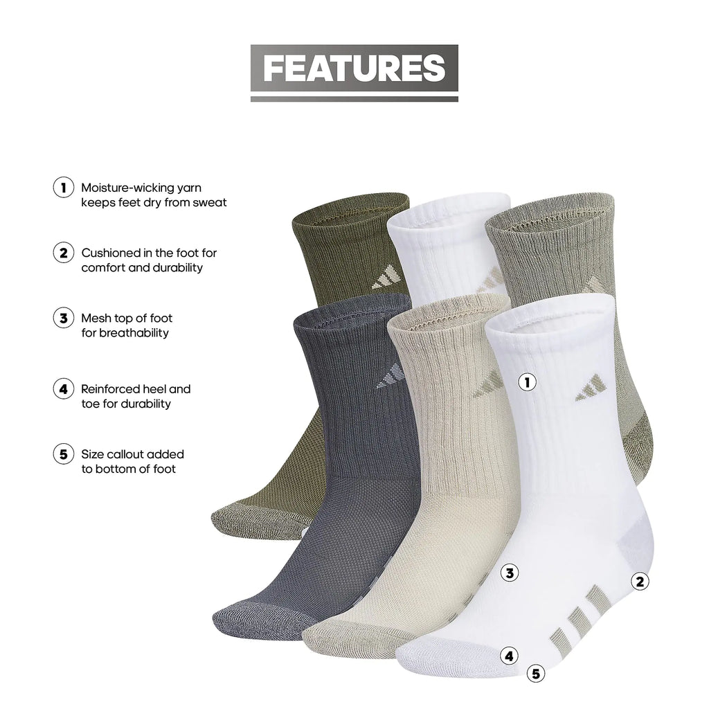 Adidas Boys Athletic Cushioned Crew Socks | 6-Pairs| For Kids, Boys and Girls | Durable, breathable fabric ready for Sport | Medium | Silver Pebble Grey/Putty Grey/White - # BOAA13810003 & BOAA12810004 & BOAA11810001